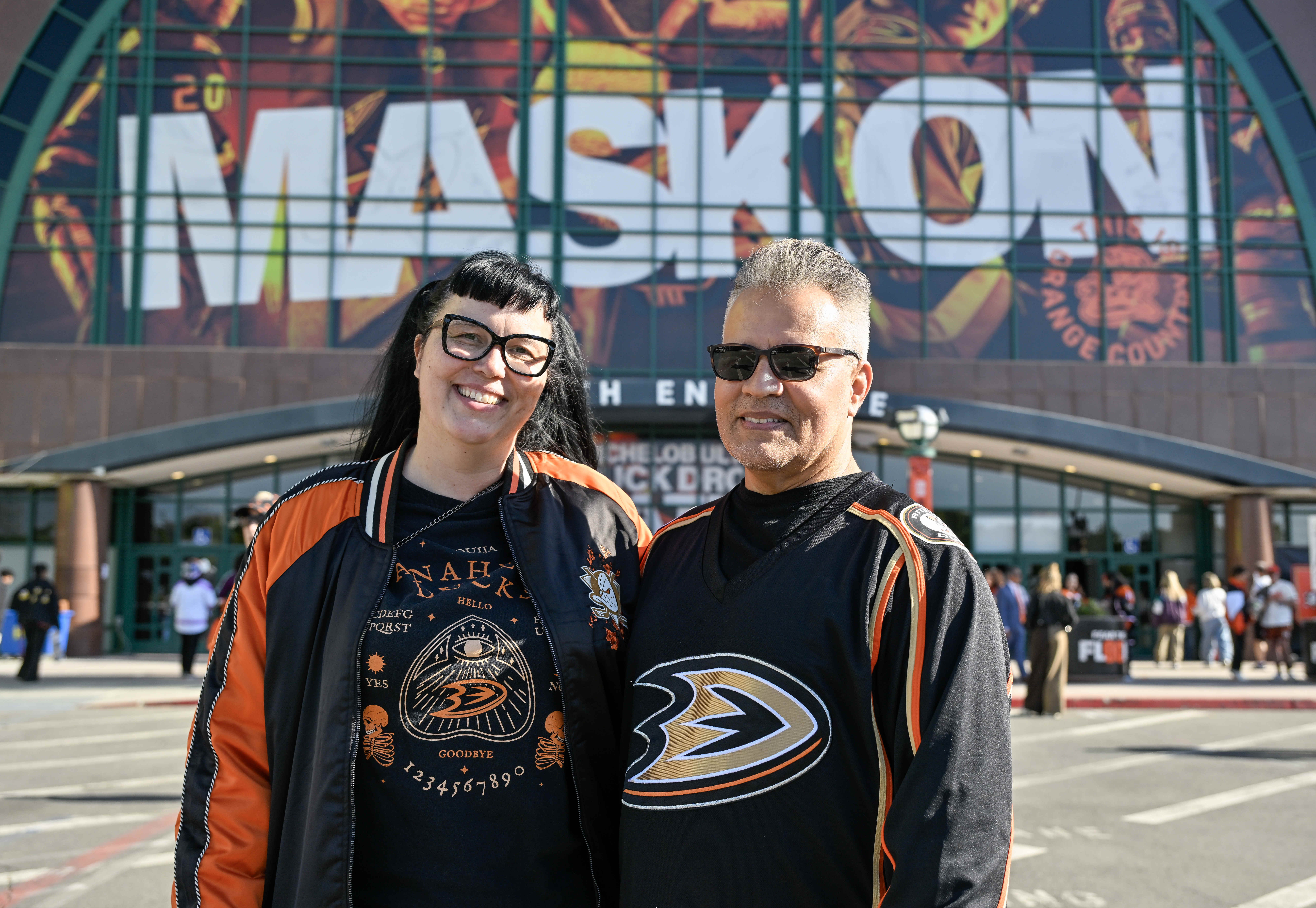 Longtime Anaheim Ducks fans Irene and Ross Amador of Irvine...