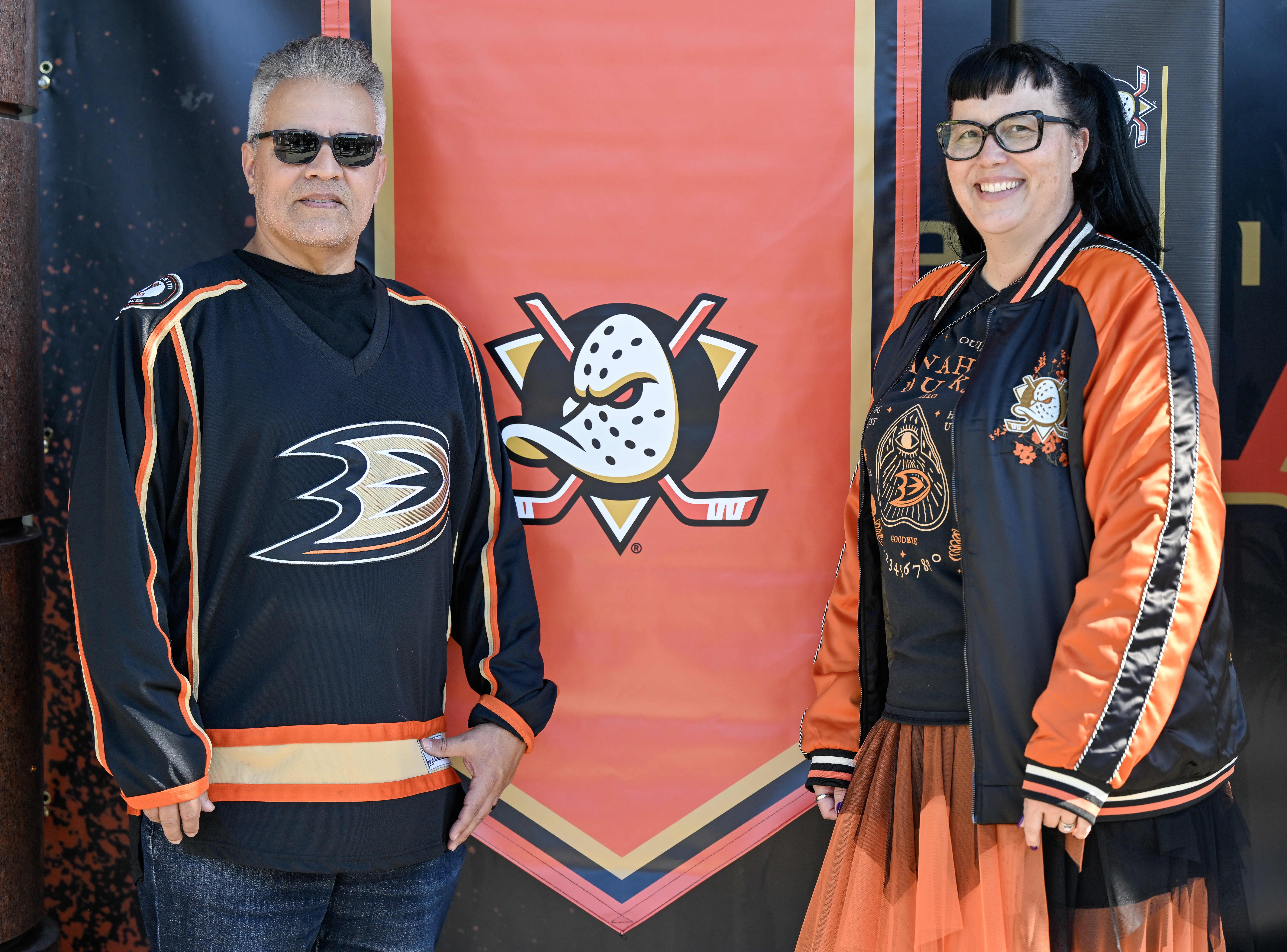 Longtime Anaheim Ducks fans Ross Amador and Irene Amador of...