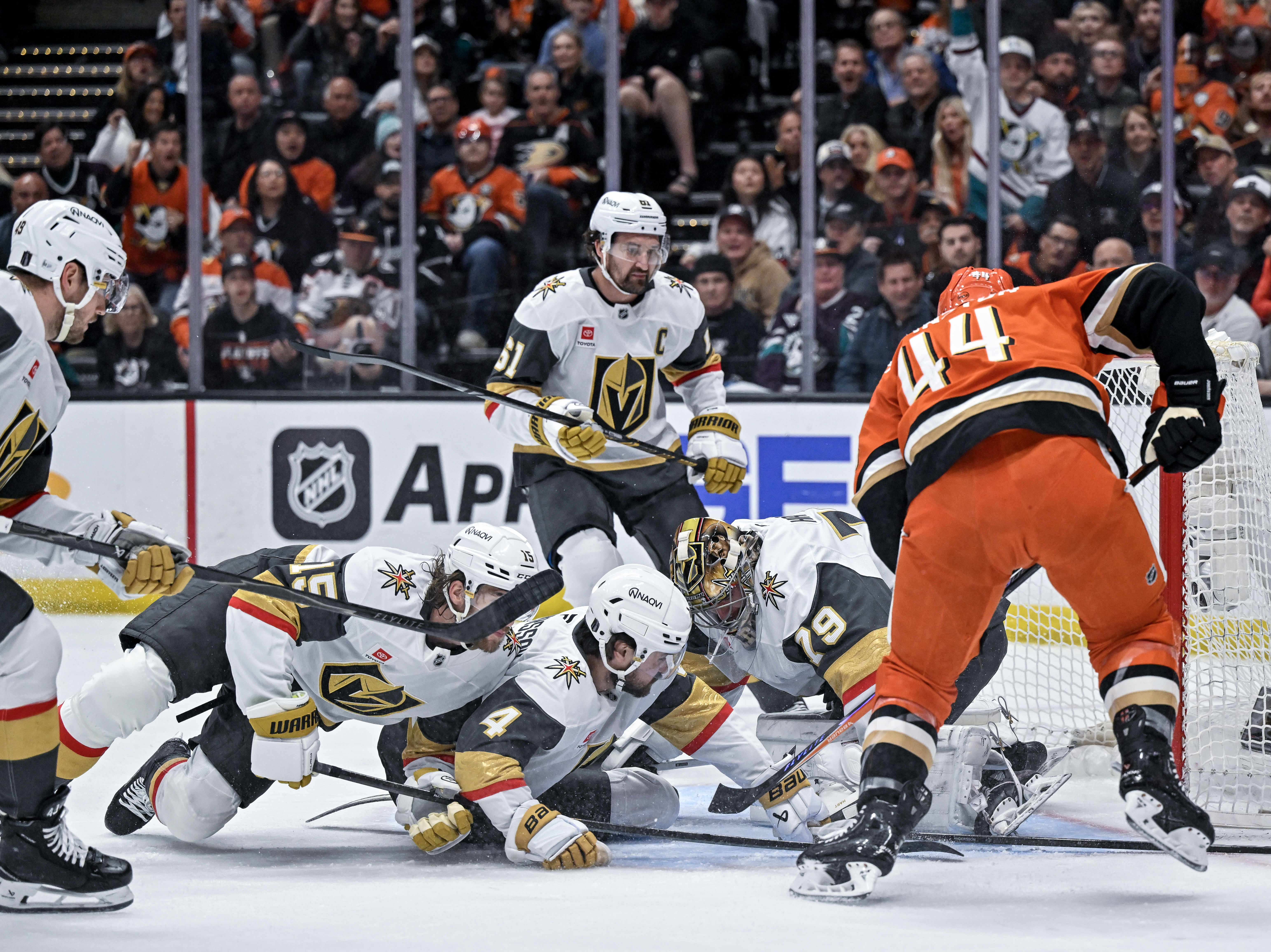 The Ducksâ Ross Johnston (44) is met by a wall...
