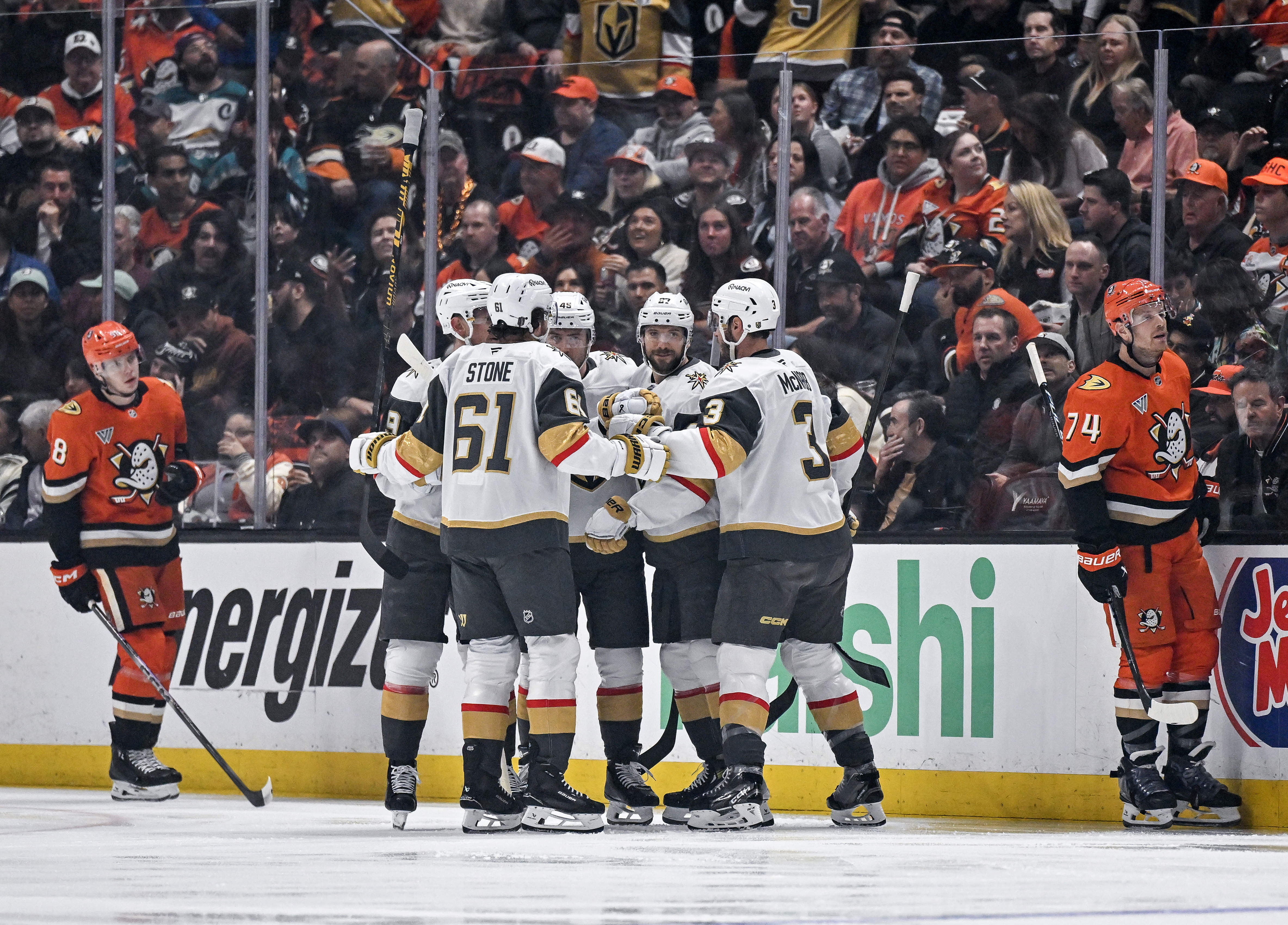 The Vegas Golden Knights celebrate a goal during the first...