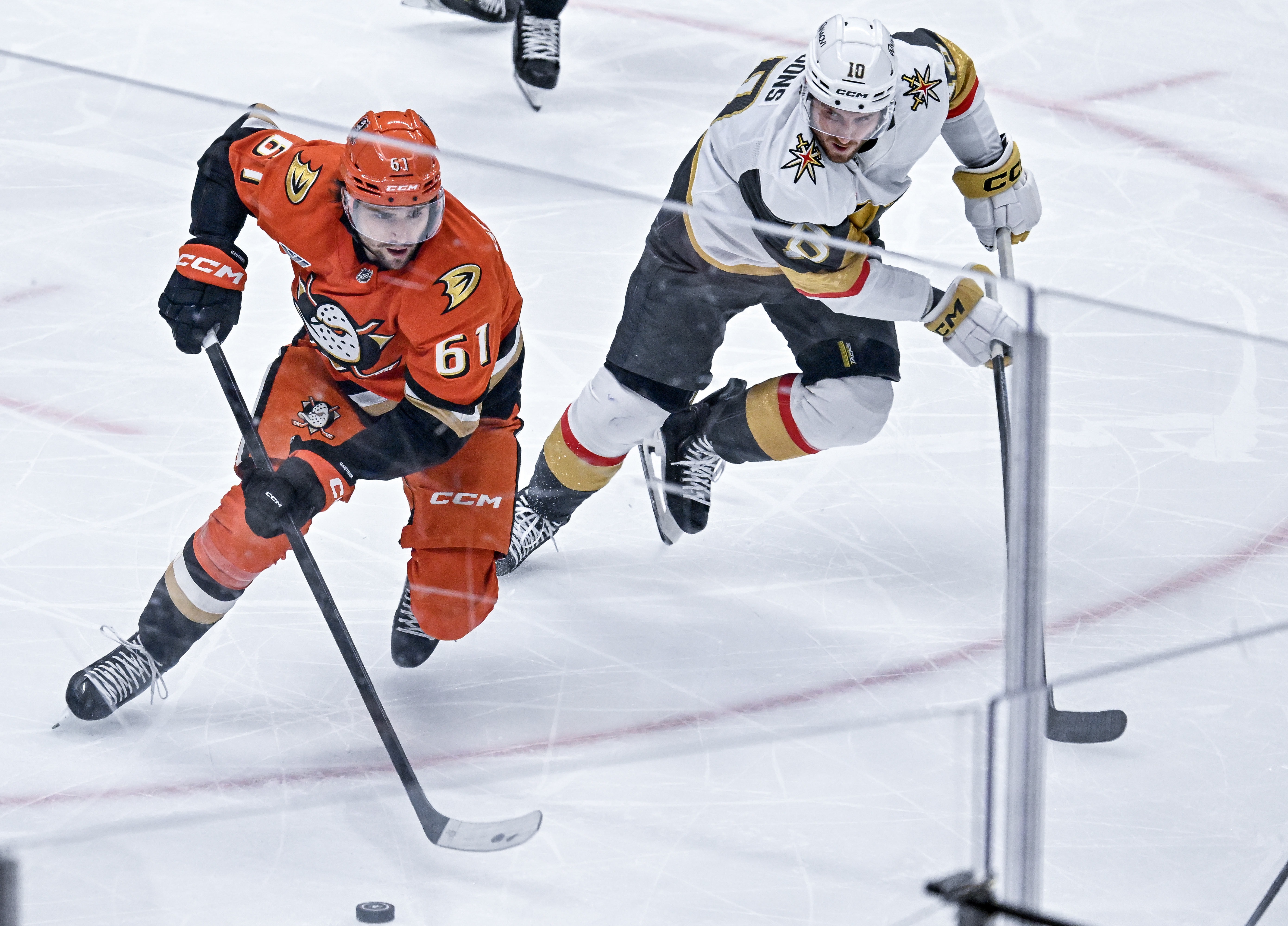 The Ducksâ Cutter Gauthier, left, fends off the Vegas Golden...