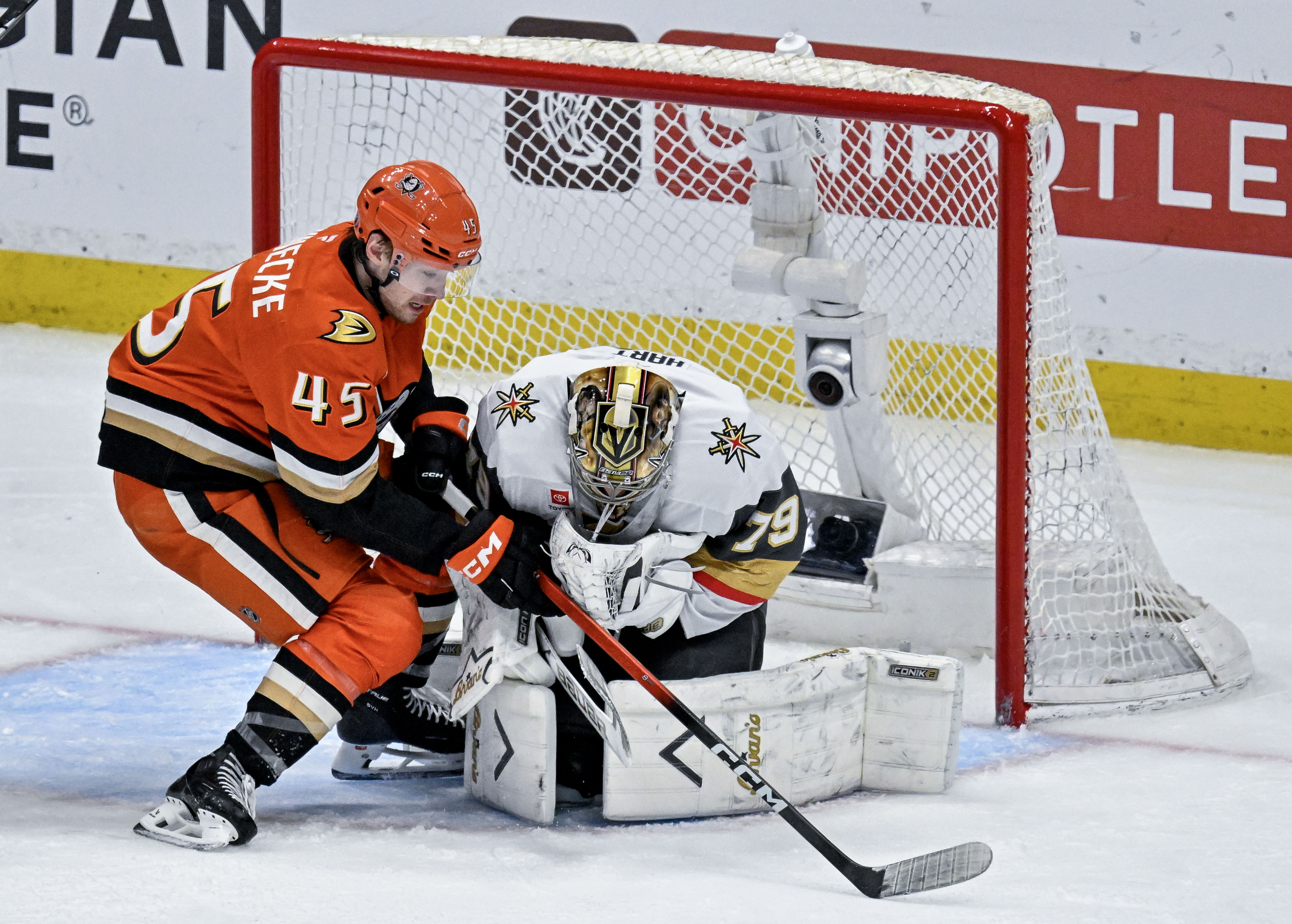 The Ducksâ Beckett Sennecke (45) takes a shot on goal,...
