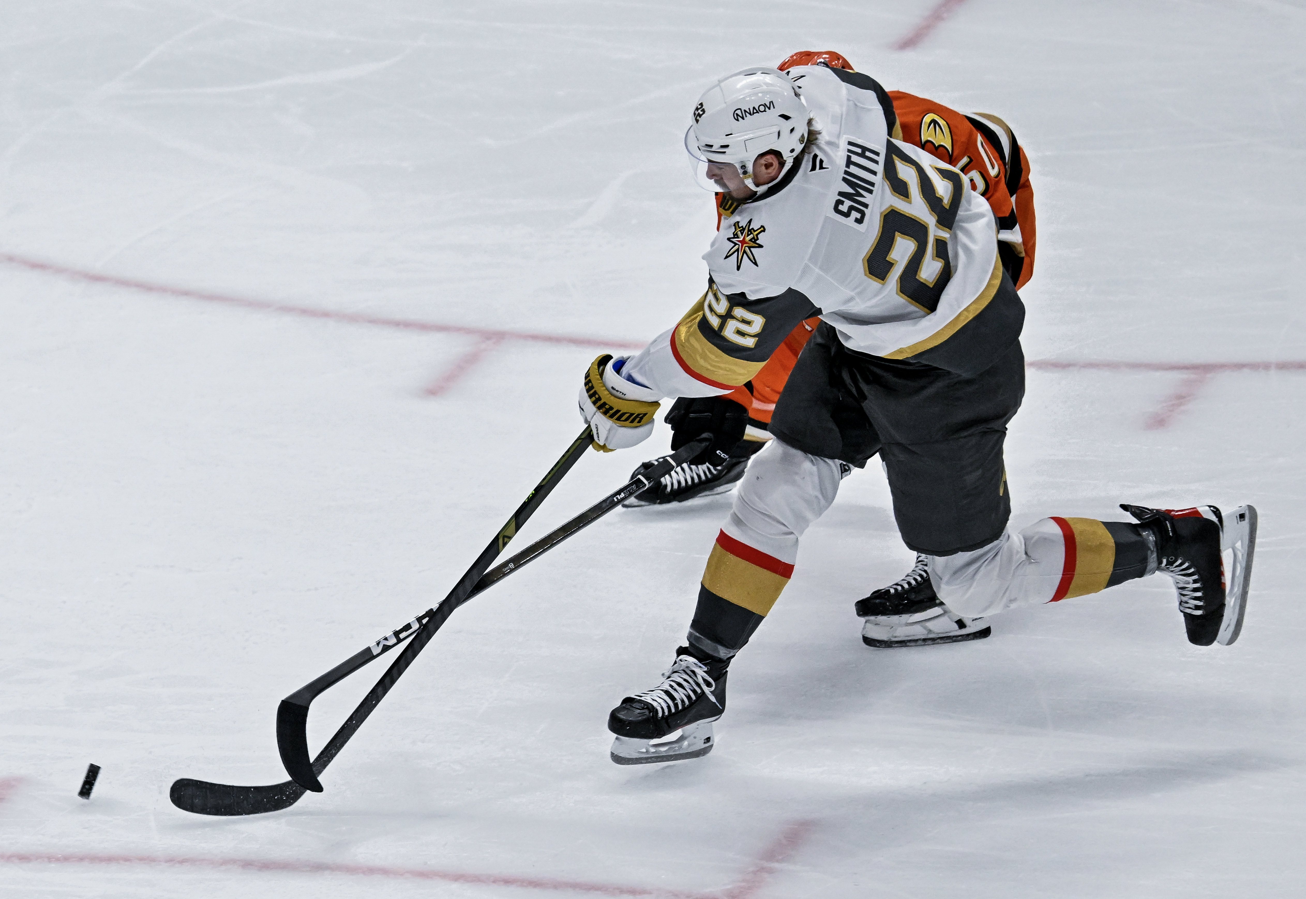 The Golden Knightsâ Cole Smith (22) takes a shot on...