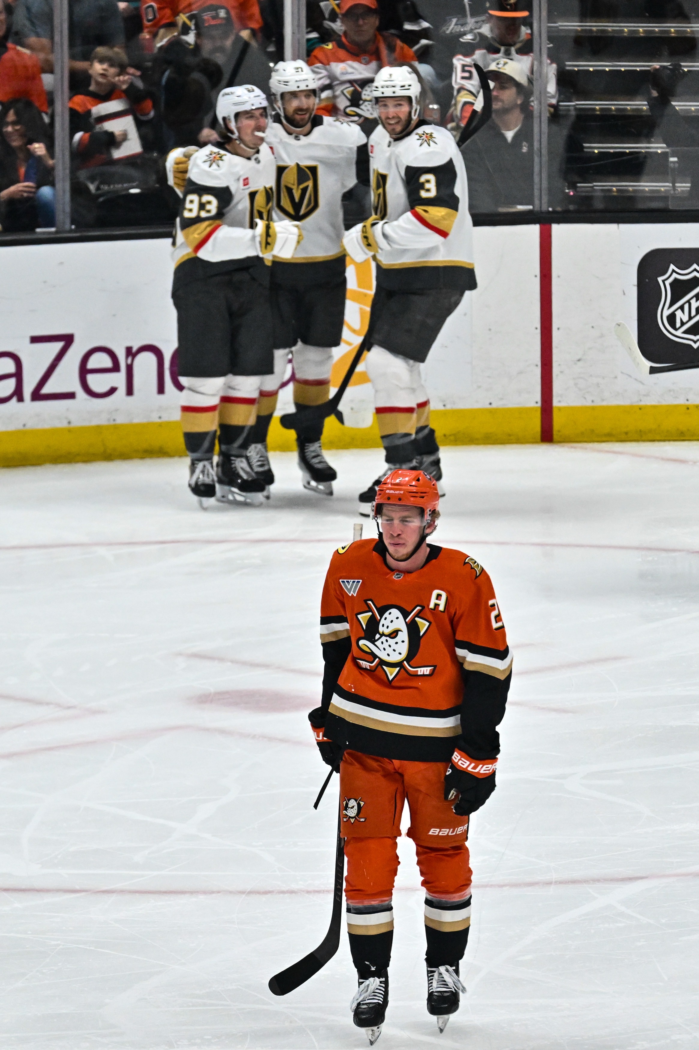 The Ducks Jackson LaCombe (2) reacts after the Vegas Golden...