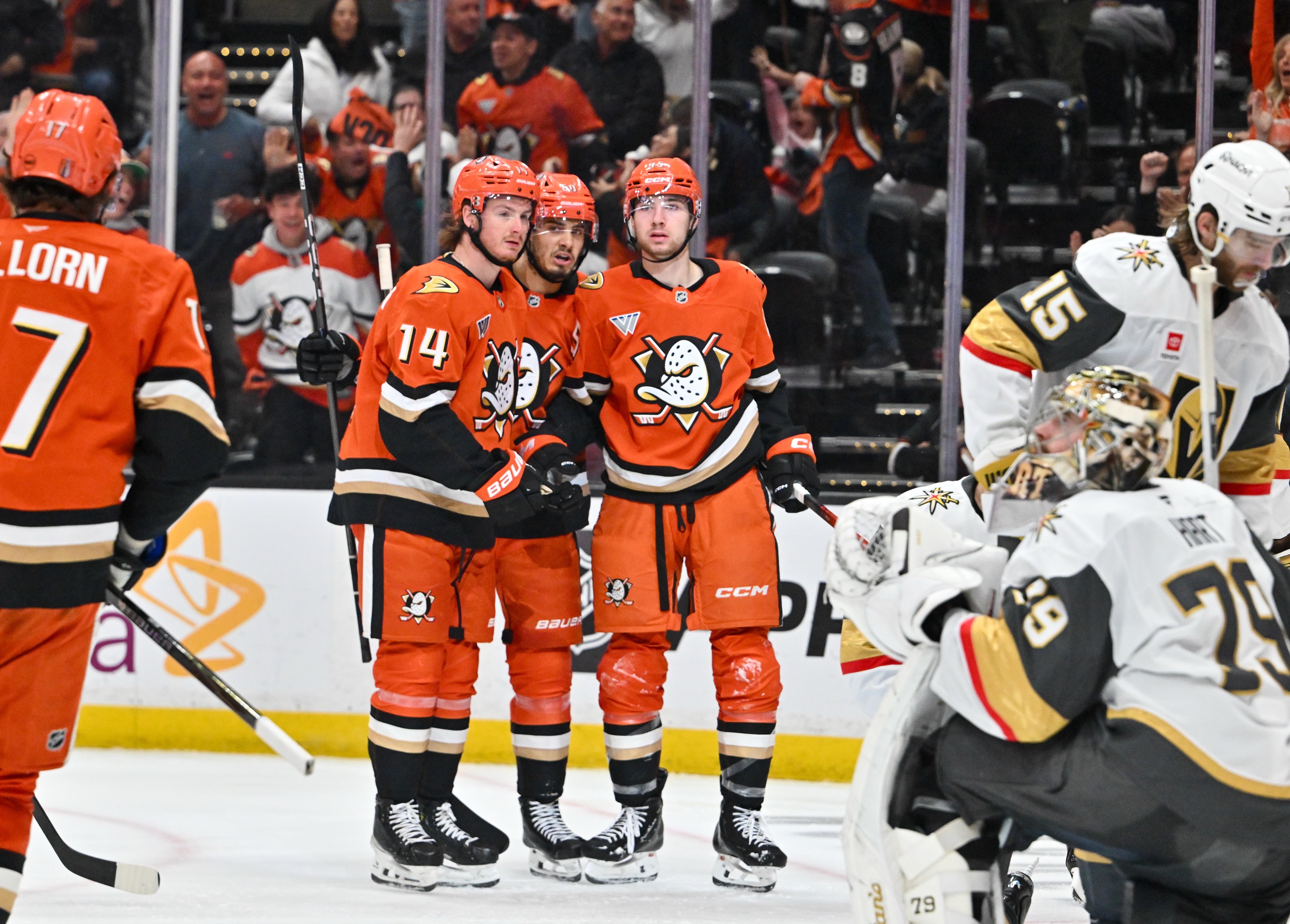 The Ducks mildly celebrate a goal against the Vegas Golden...
