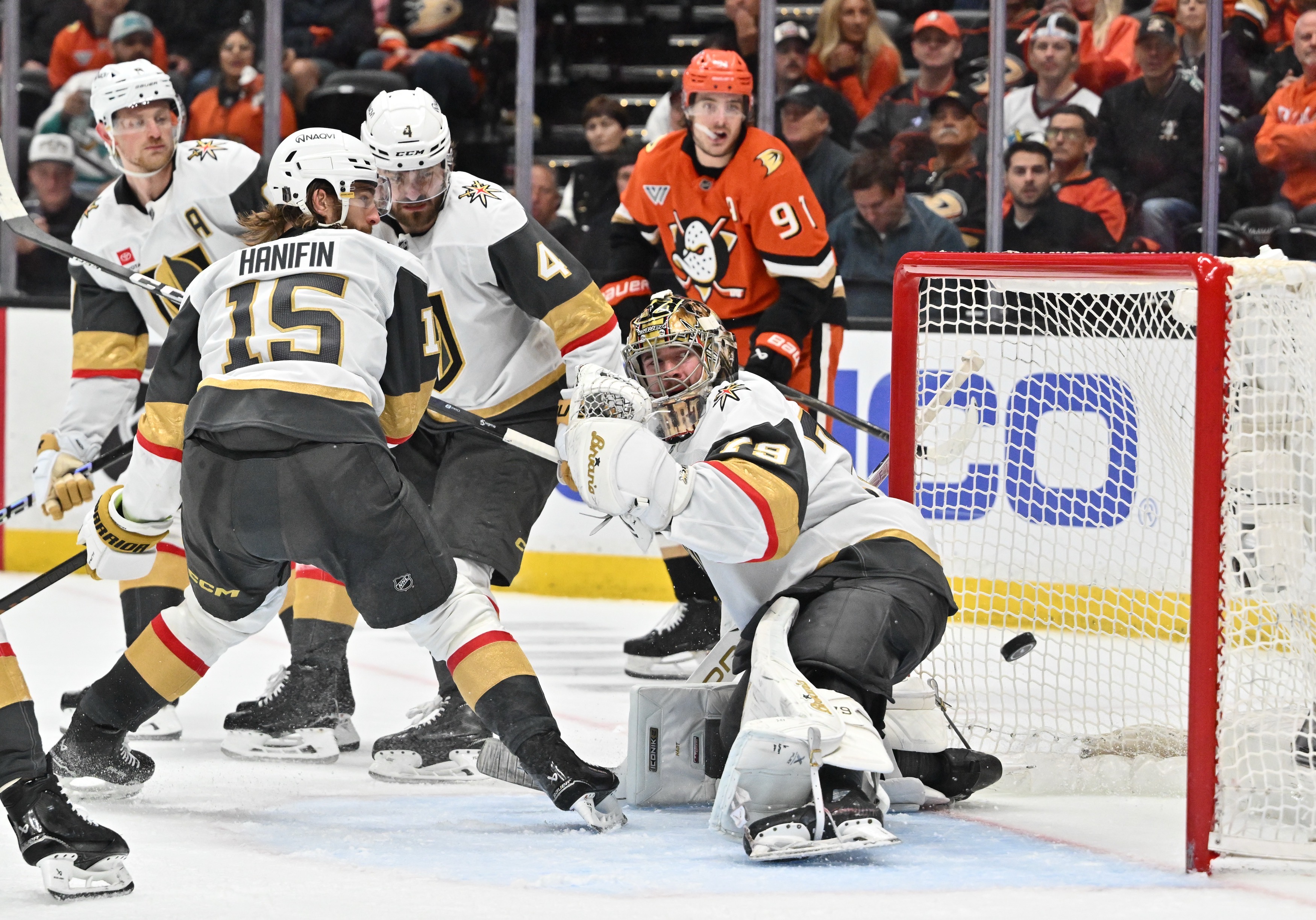 The Vegas Golden Knights Reilly Smith (19) is scored on...
