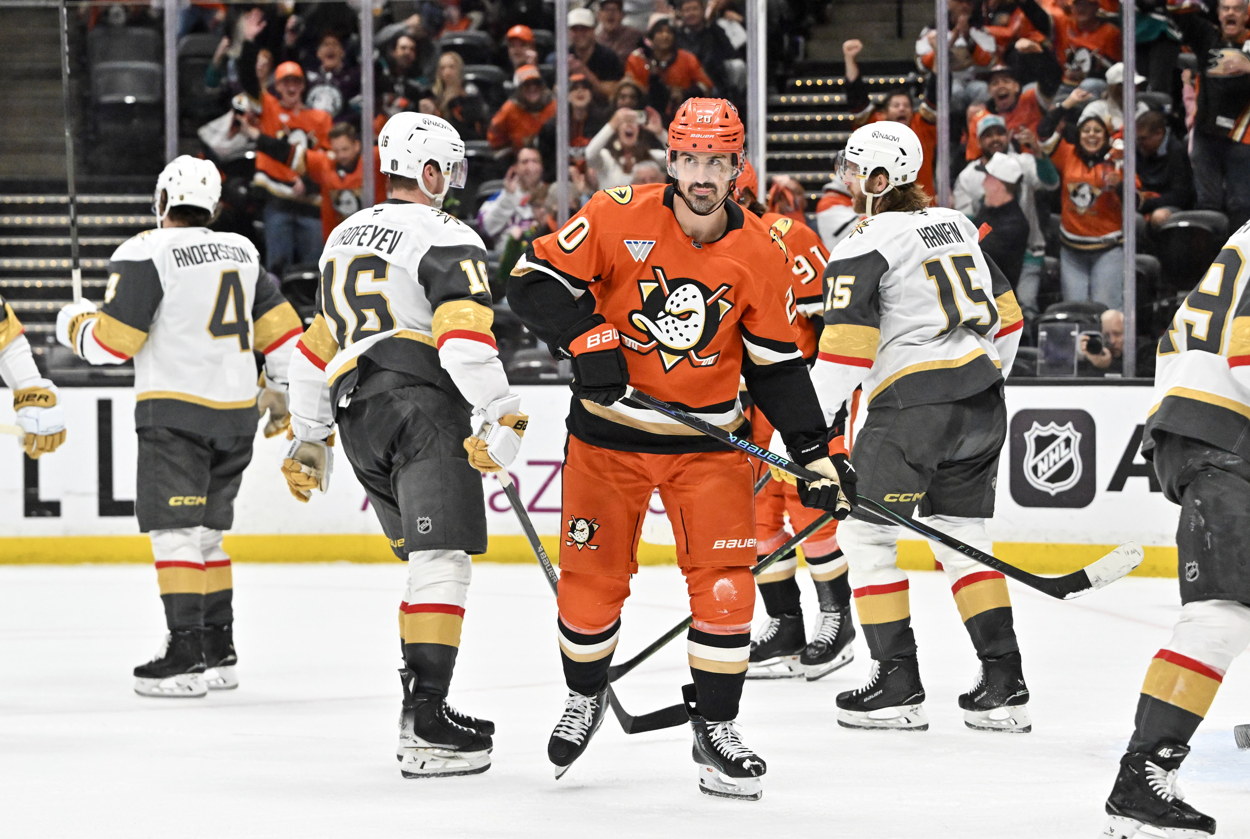 The Ducks Chris Kreider (20) reacts after the Ducks scored...