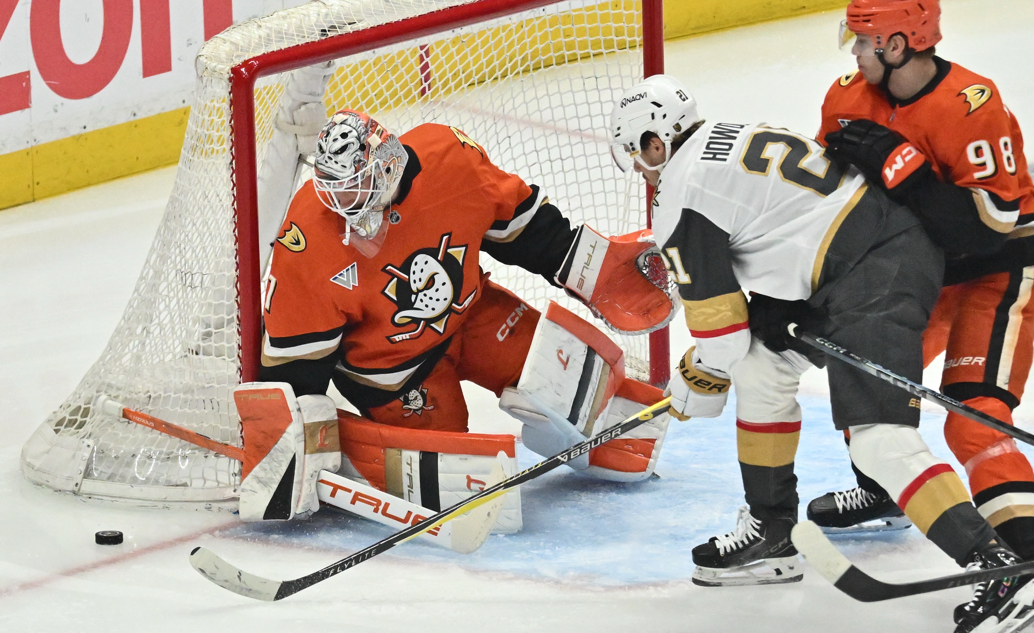 The Ducks Lukas Dostal (1) blocks a shot against Vegas...