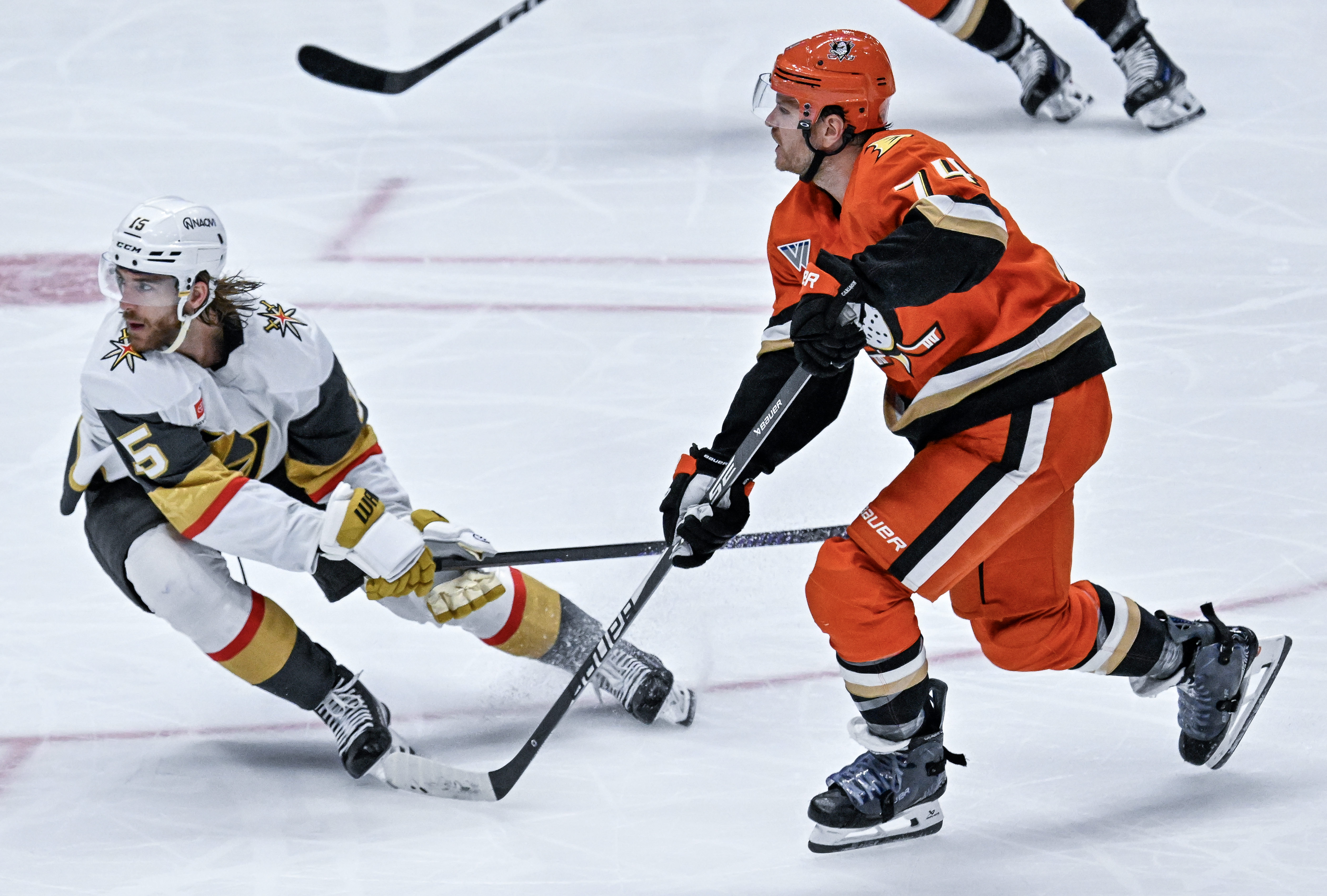 The Ducksâ John Carlson (74) takes a shot on goal...