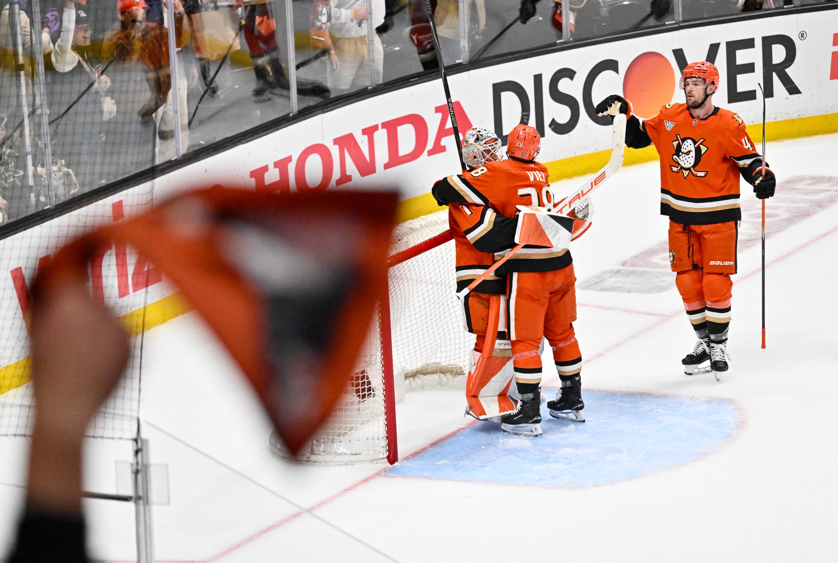 The Ducks celebrate a win over the Vegas Golden Knights...