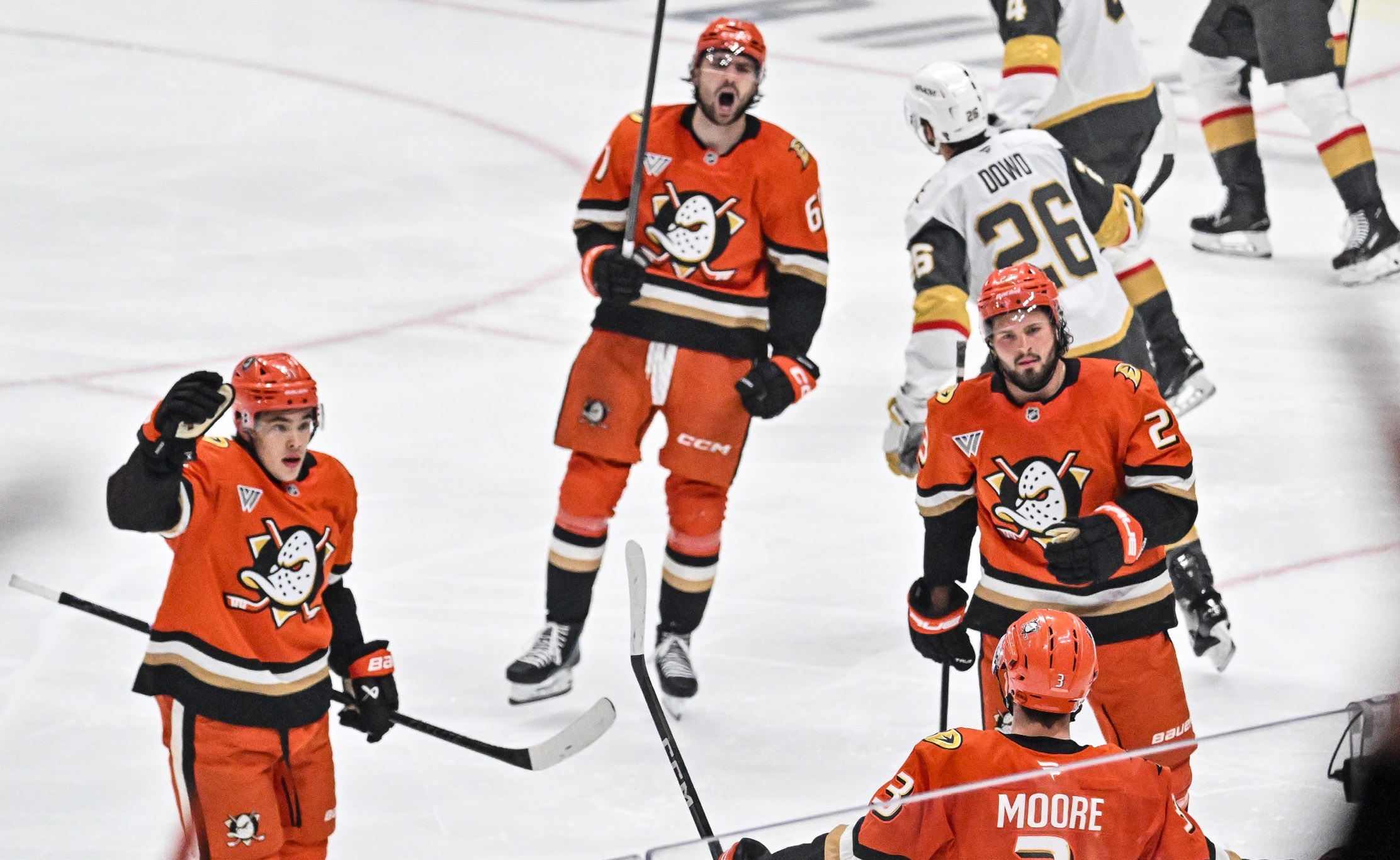 The Ducksâ celebrate a goal by Ducksâ Ian Moore against...