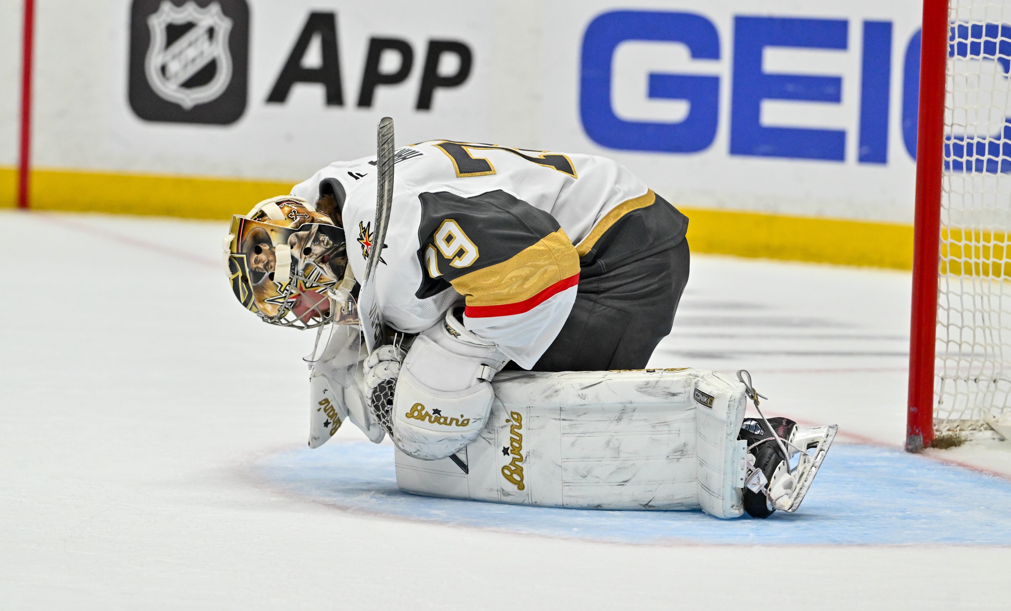 The Vegas Golden Knightsâ Carter Hart (79) against the Ducksâ...