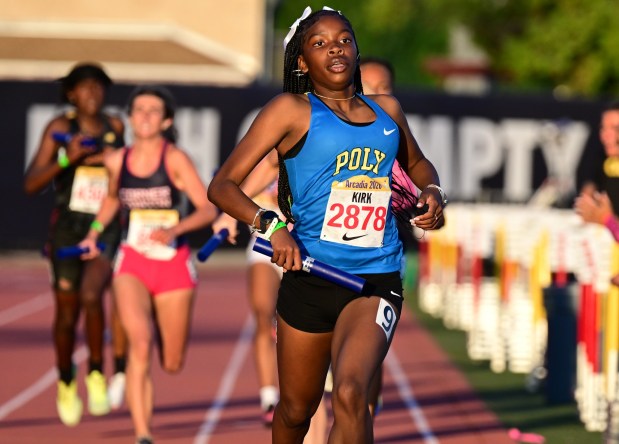 Laila Kirk of Long Beach Poly sprints to first place in the Womens 800 Sprint Medley Relay on April 10, 2026 in Arcadia, CA. (Photo by John McCoy, Contributing Photographer)