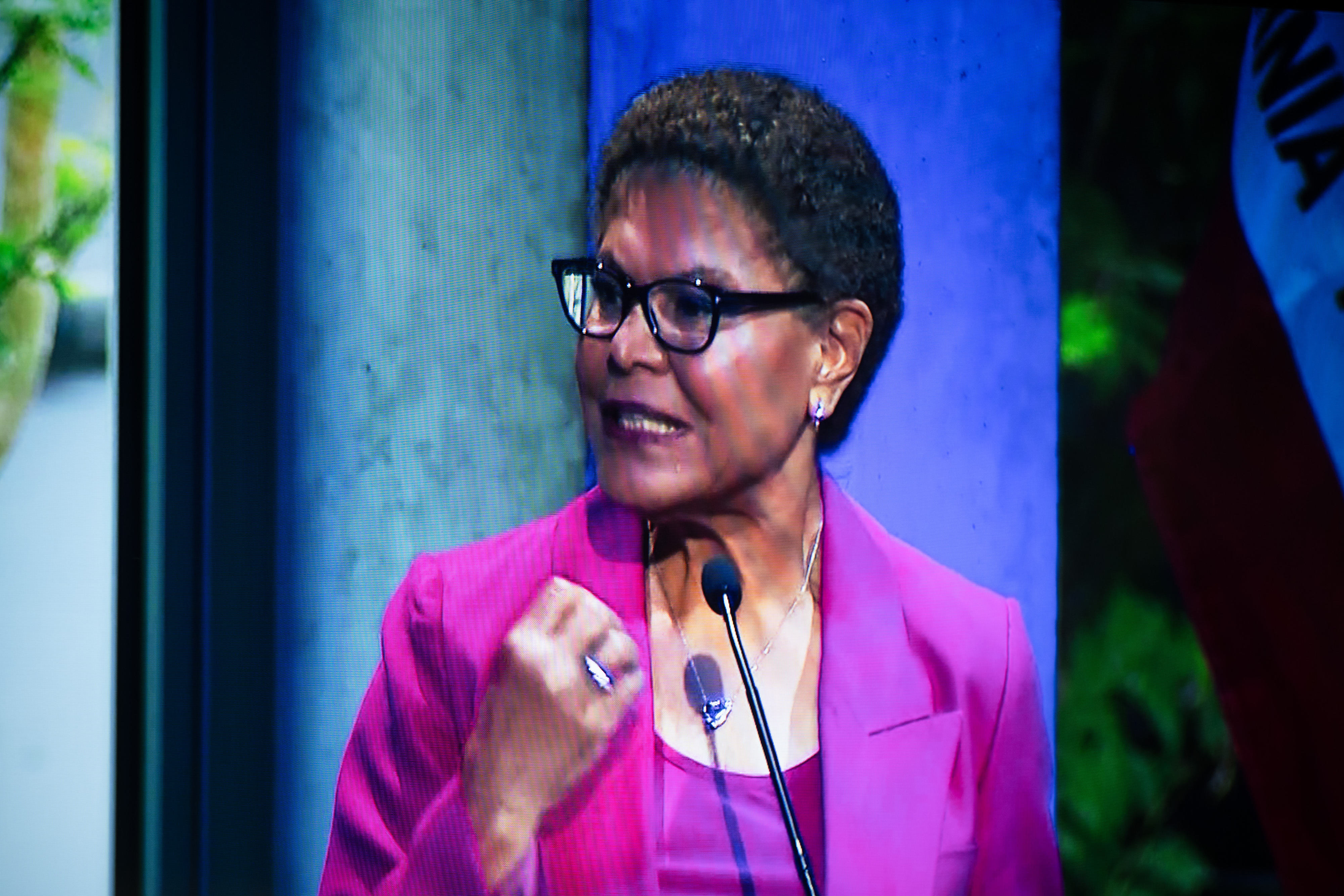 Mayor Karen Bass in a mayoral debate at the Skirball...