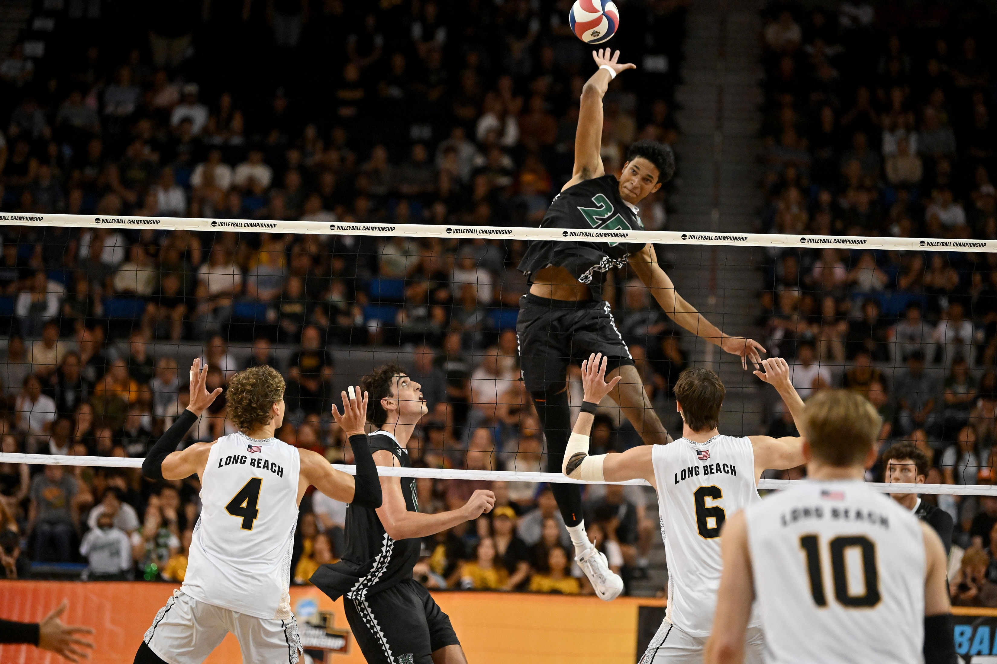 Hawaiiâs Trevell Jordan spikes the ball against Long Beach State...