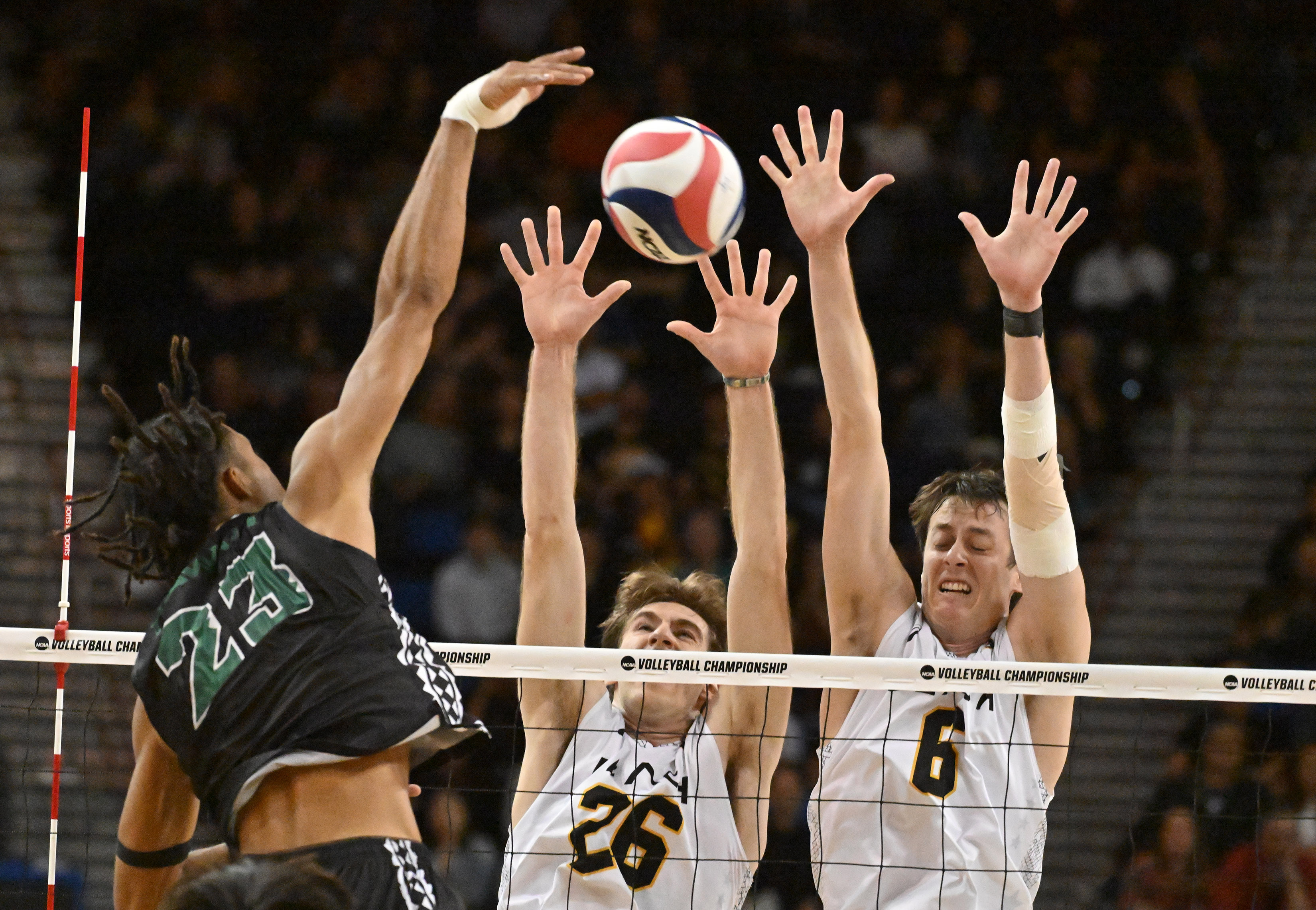 Hawaiiâs Louis Skanoko spikes the ball against Long Beach State...