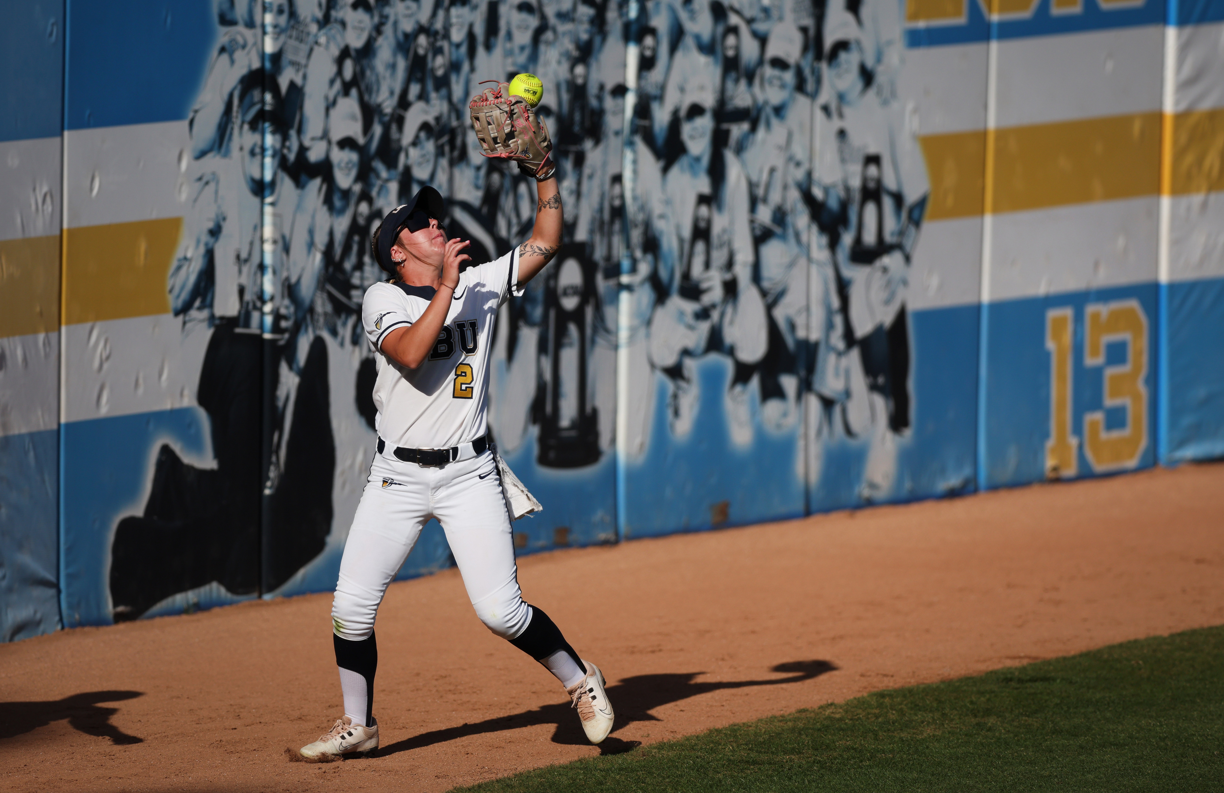 California Baptistâs Stevie Robison (2) catches a fly ball during...
