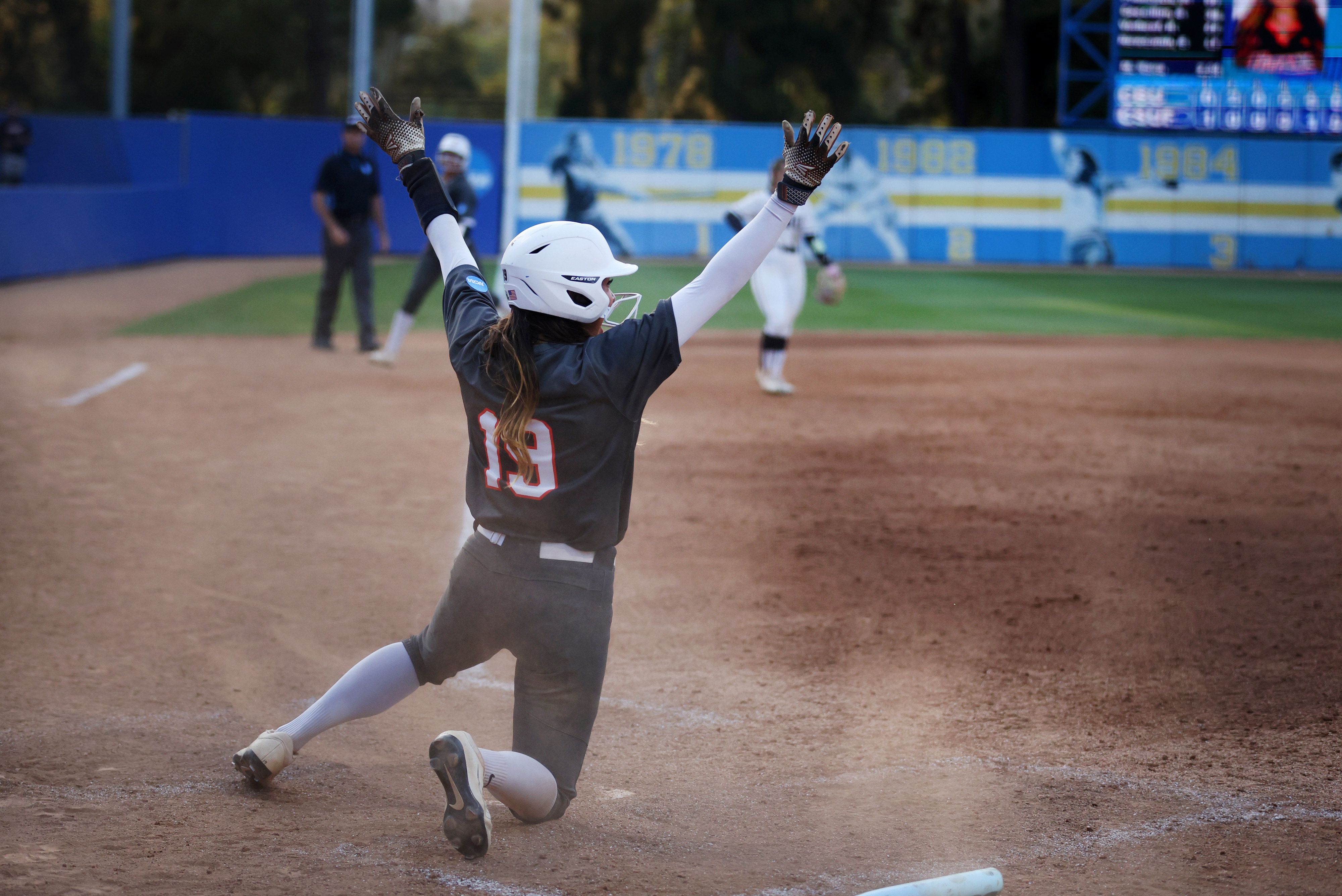 Cal State Fullertonâs Colby McClinton (19) celebrates after being driven...
