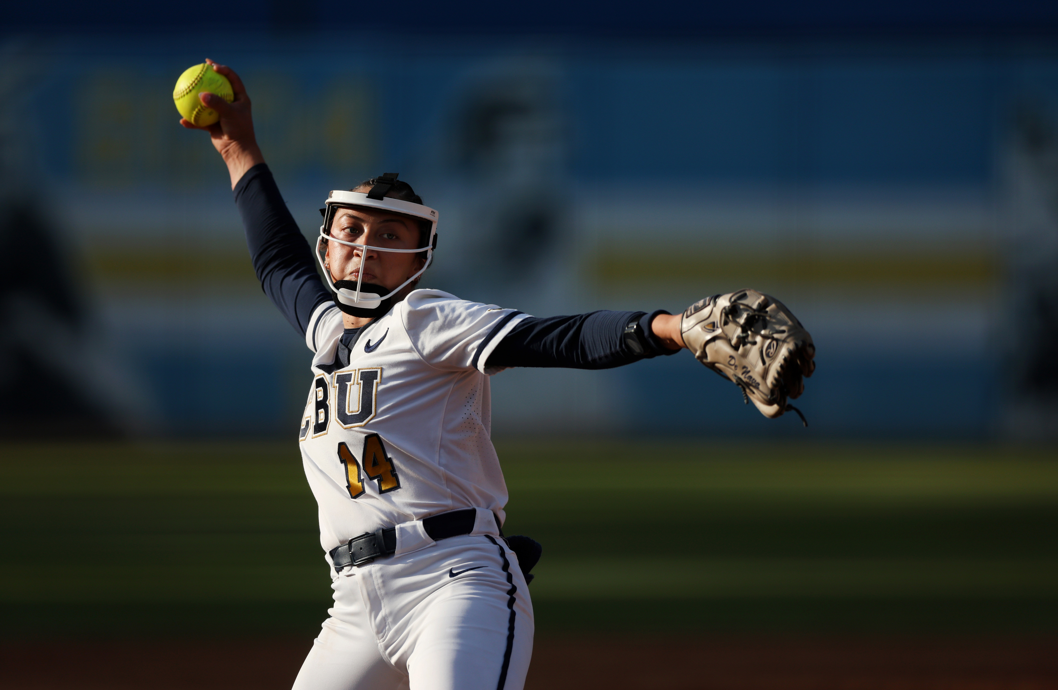 California Baptistâs Miranda De Nava (14) delivers a pitch to...