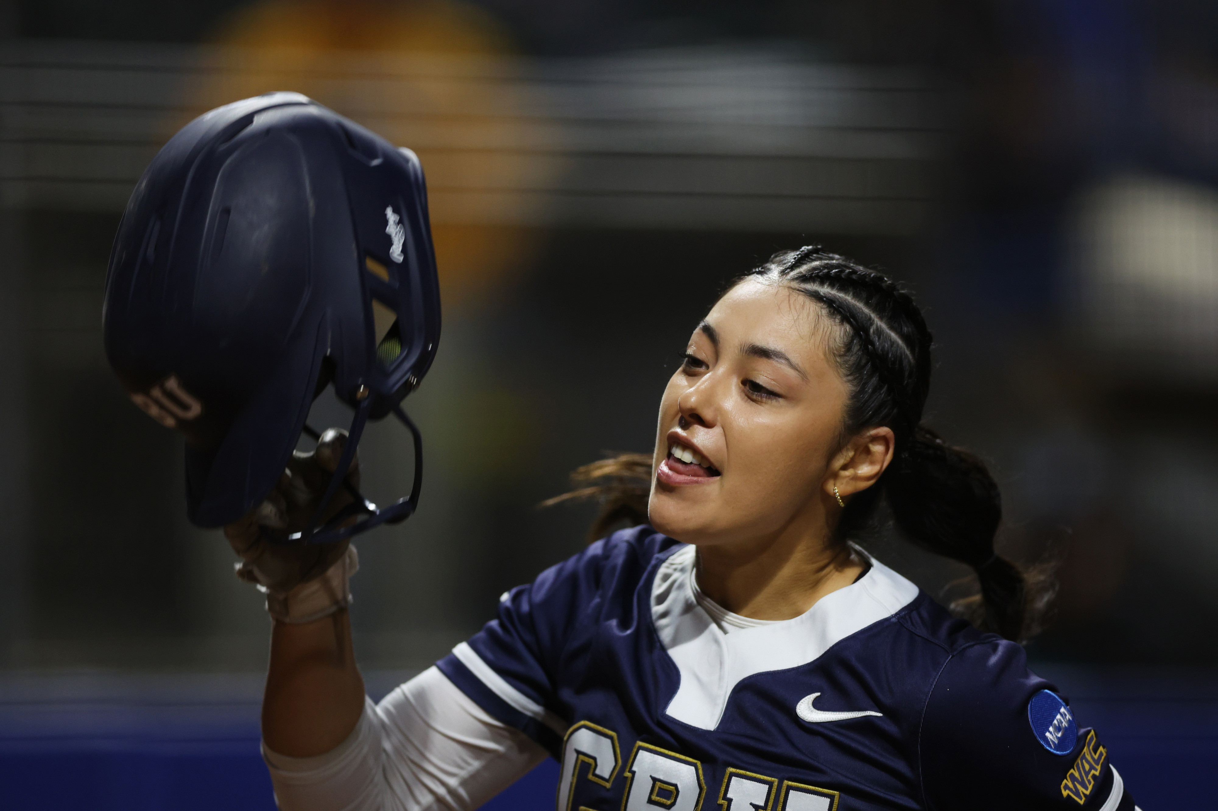 California Baptistâs Victoria Macias celebrates after hitting a home run...