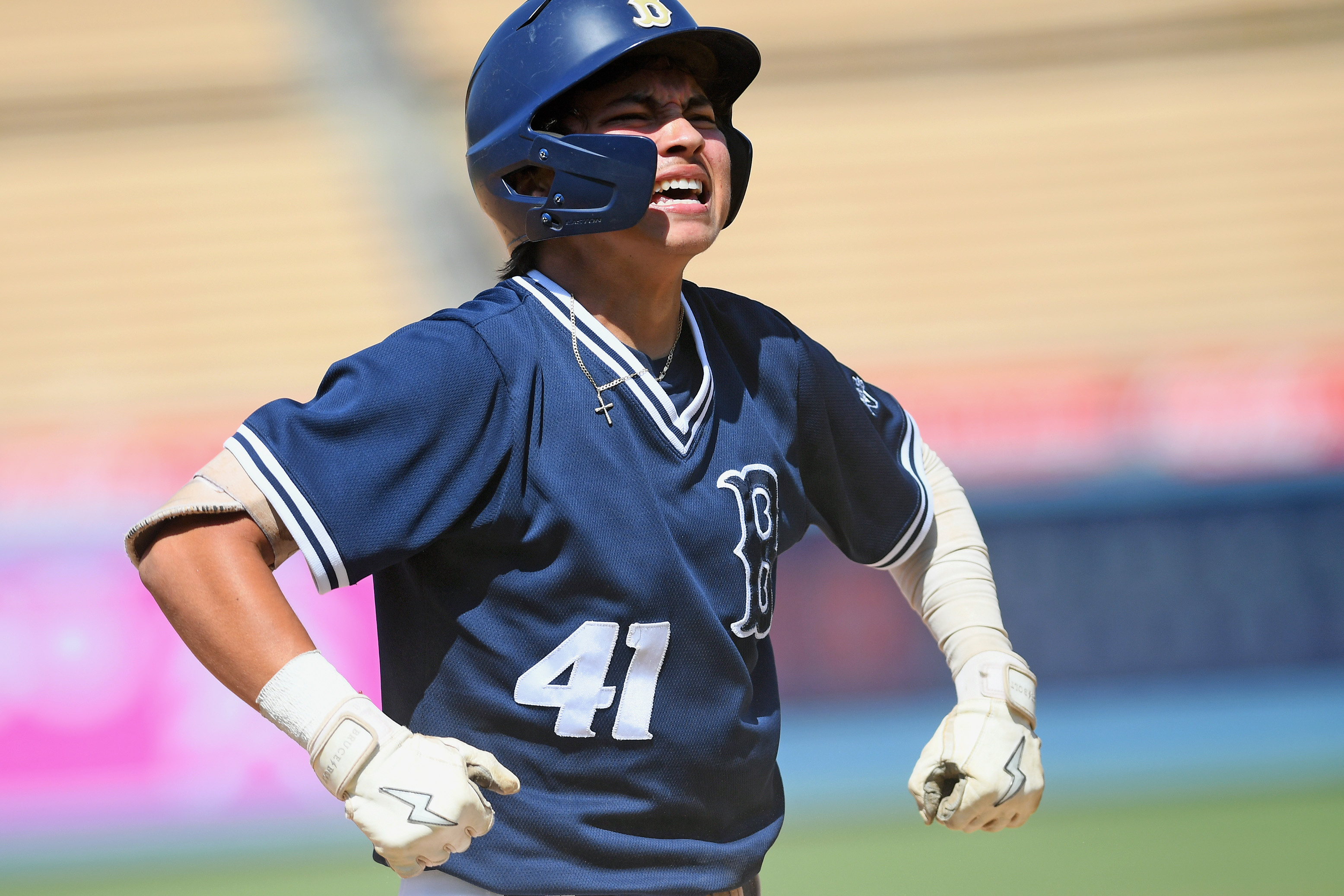 Birminghamâs Masen Ruiz (41) celebrates after hitting a three-run triple...