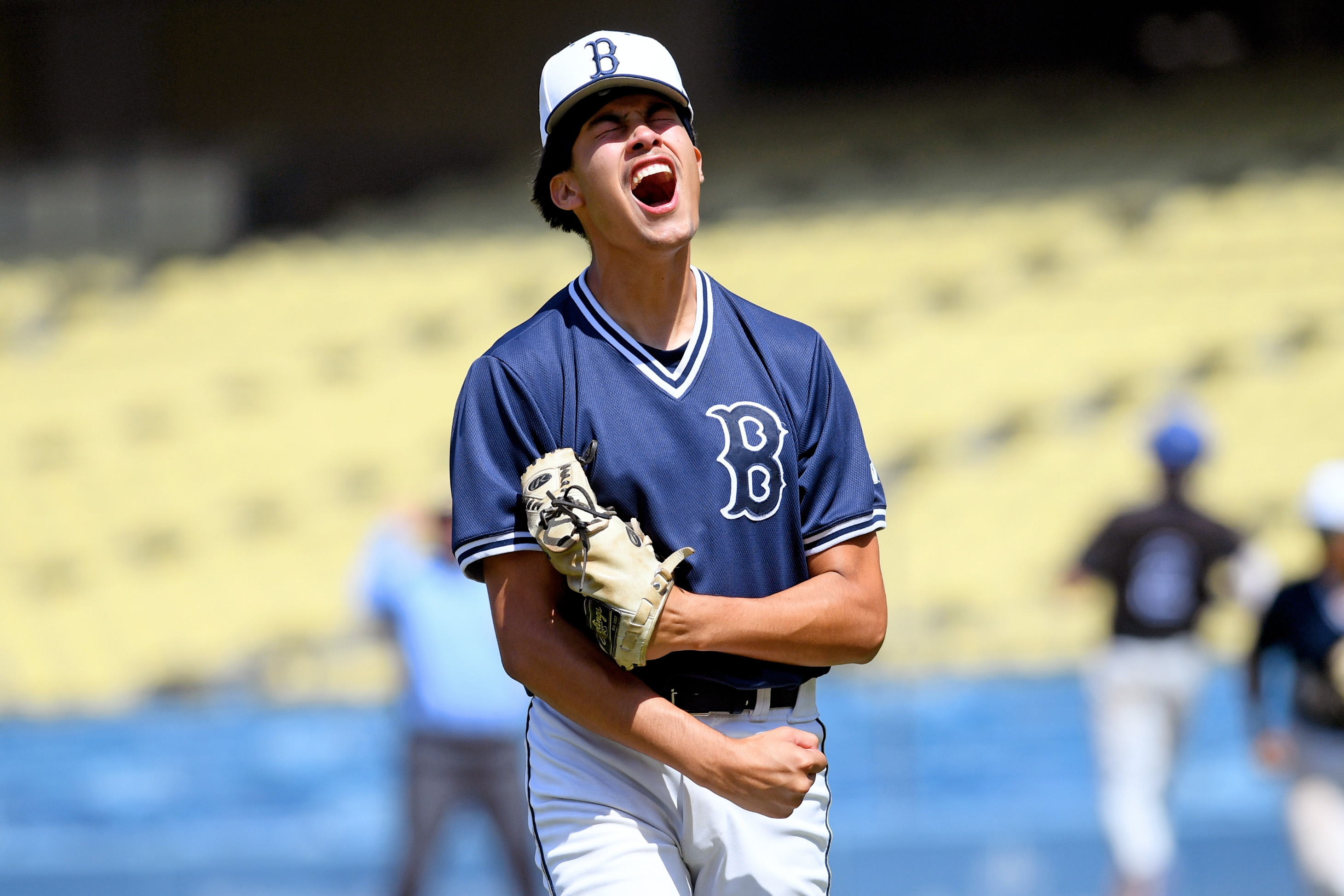 Birmingham pitcher Nathan Soto (1) reacts after recording an out...