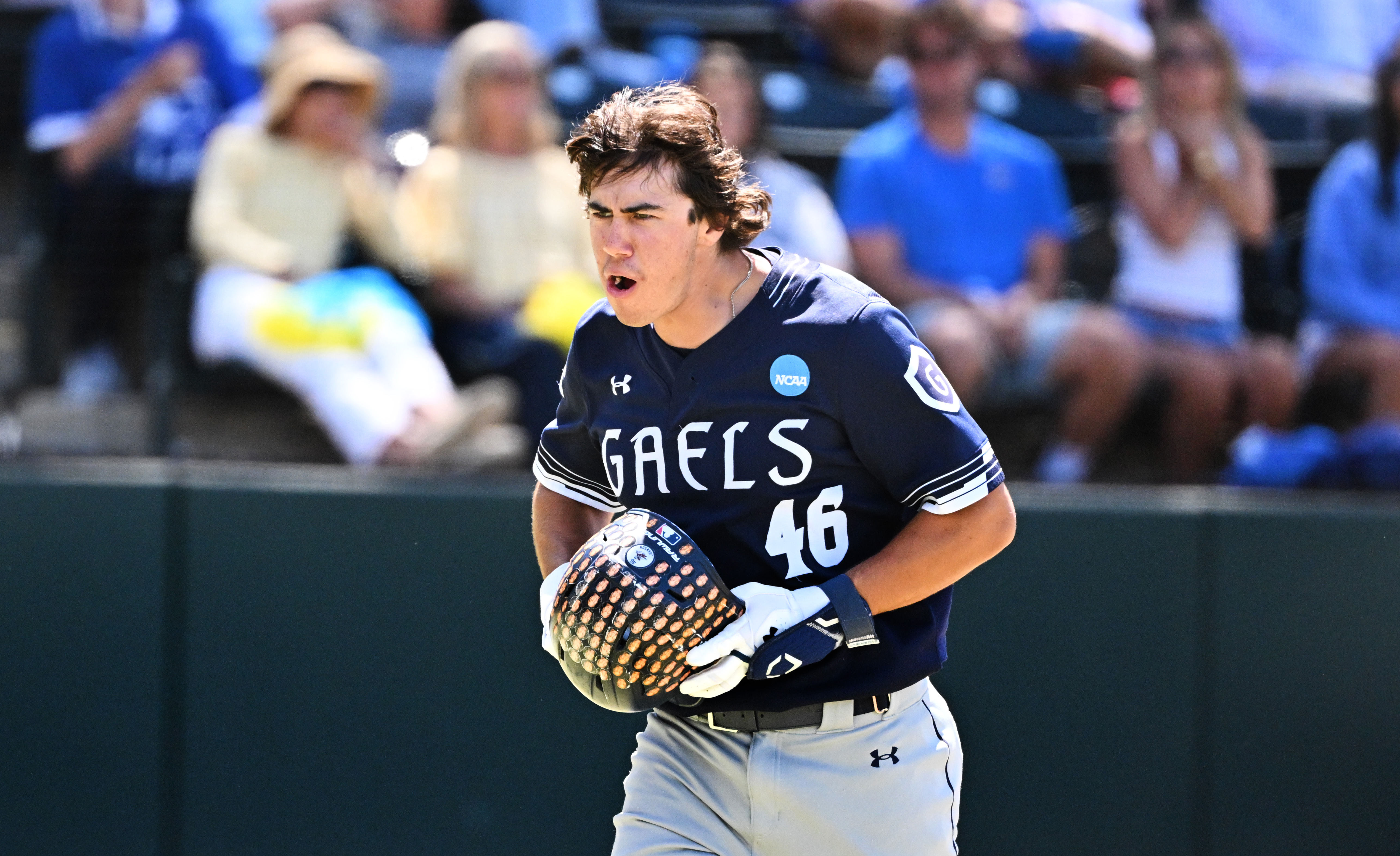 Jacob Johnson #46 of the Saint Mary’s (CA) Gaels reacts...