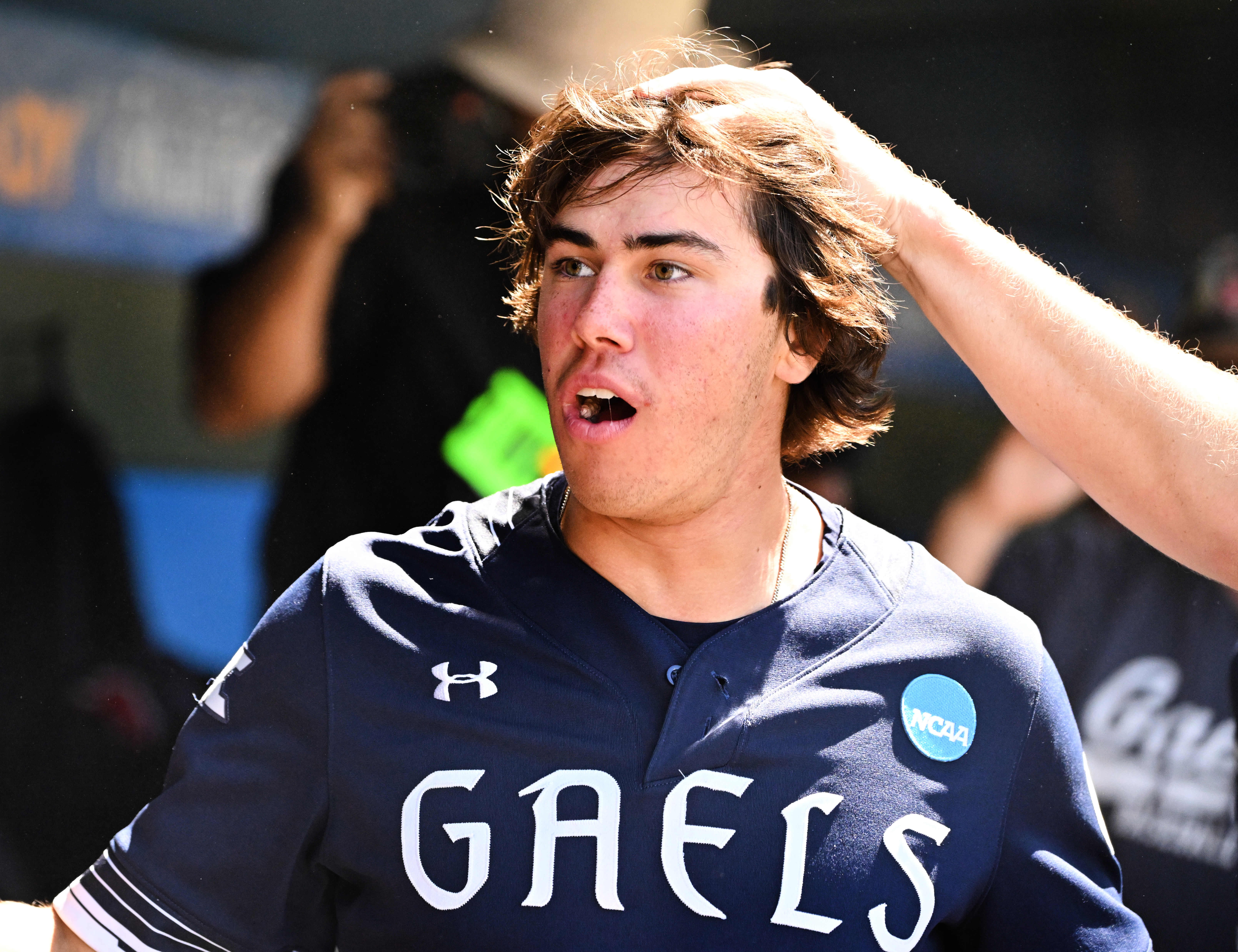 Jacob Johnson #46 of the Saint Mary’s (CA) Gaels reacts...
