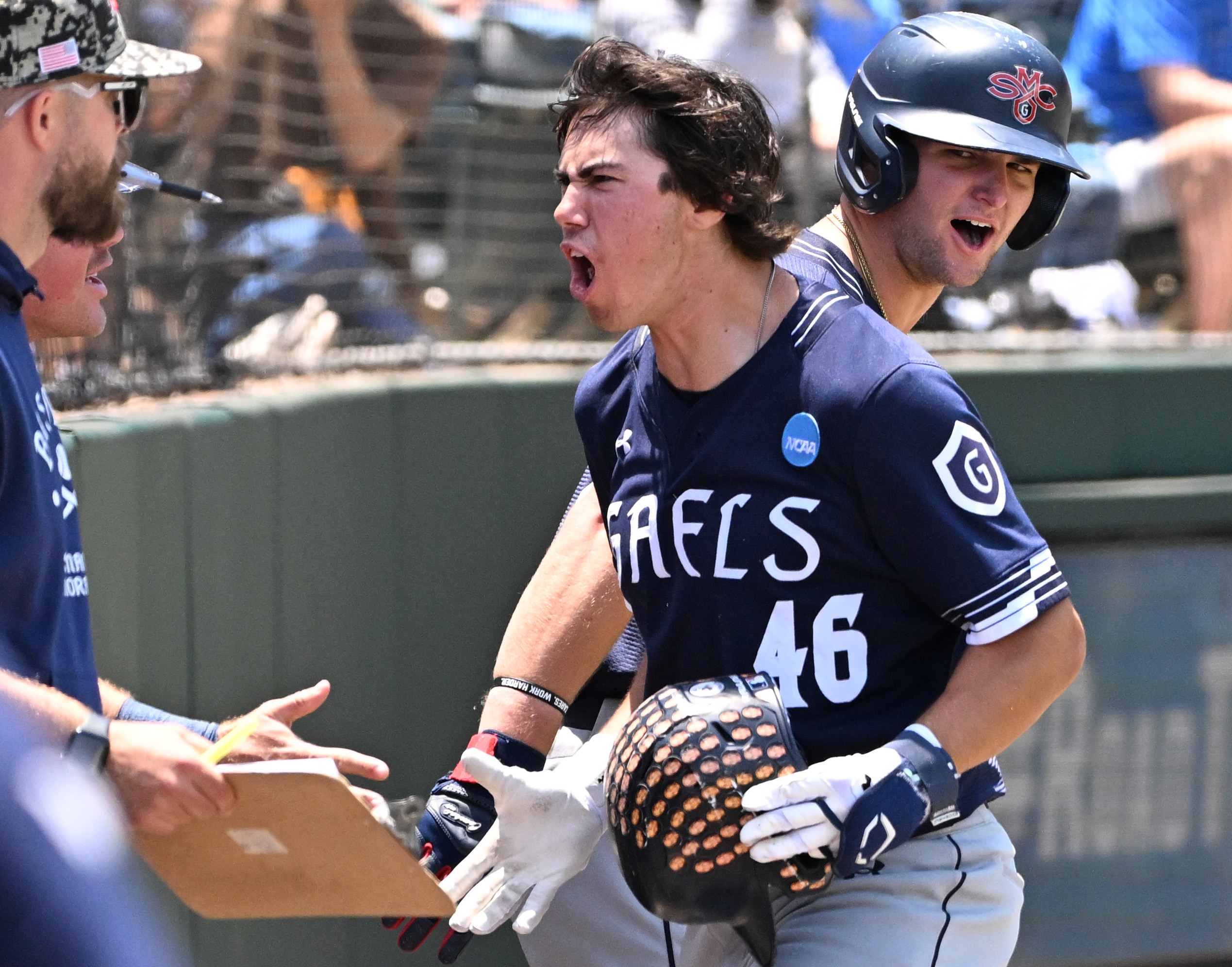 Jacob Johnson #46 of the Saint Mary’s (CA) Gaels reacts...
