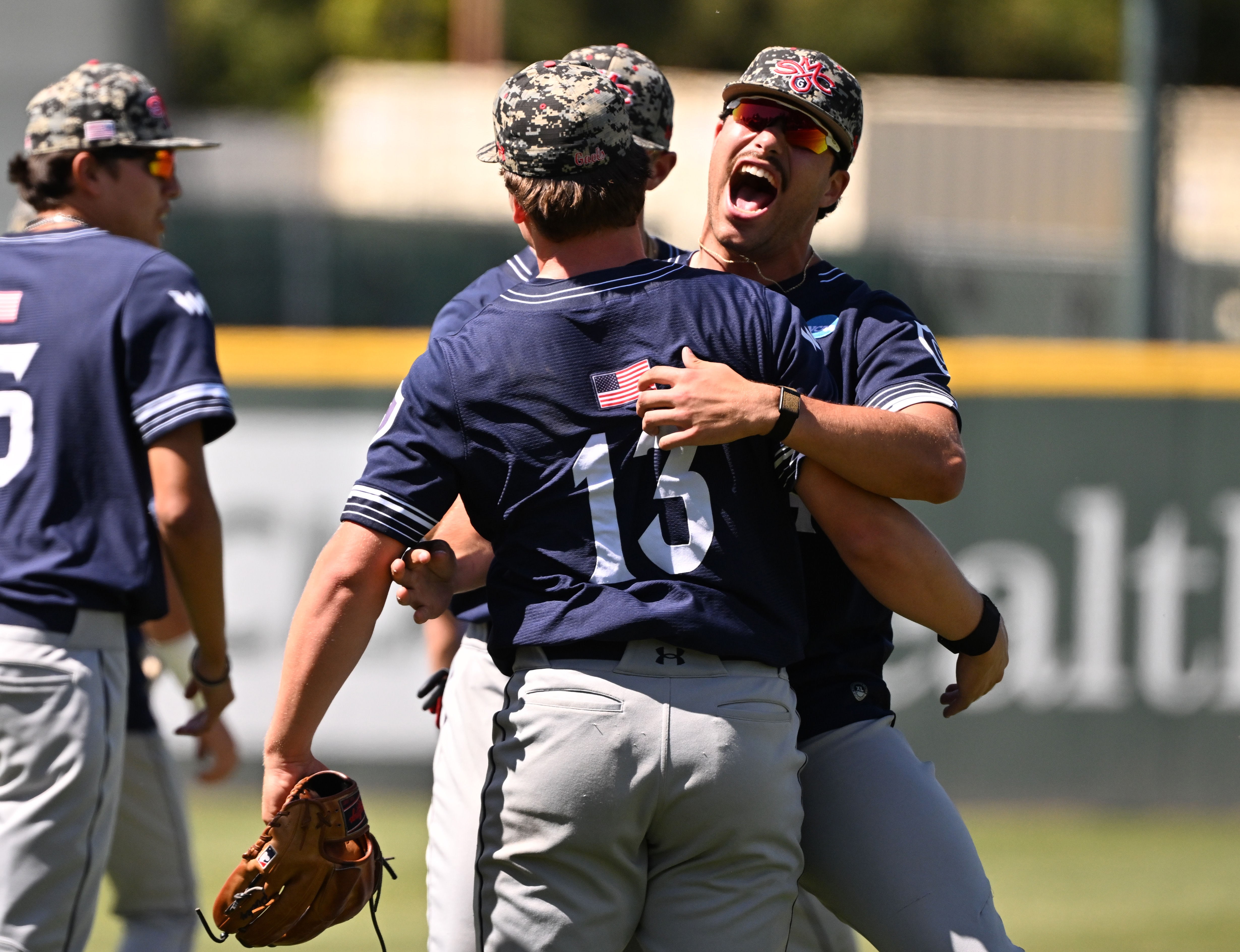 Saint Mary’s (CA) Gaels celebrates after defeating the UCLA Bruins...