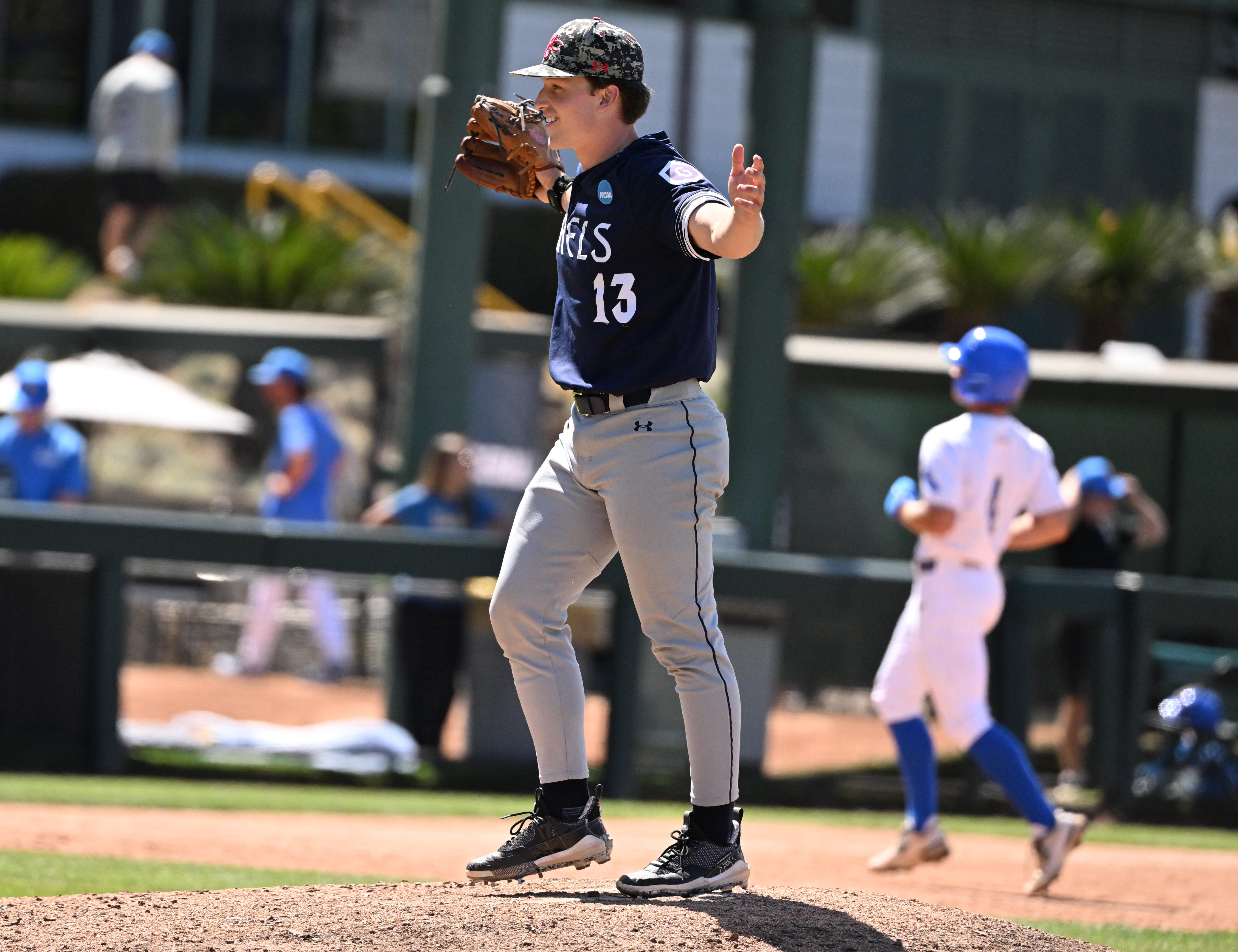 Relief pitcher Cam Staton #13 of the Saint Mary’s (CA)...