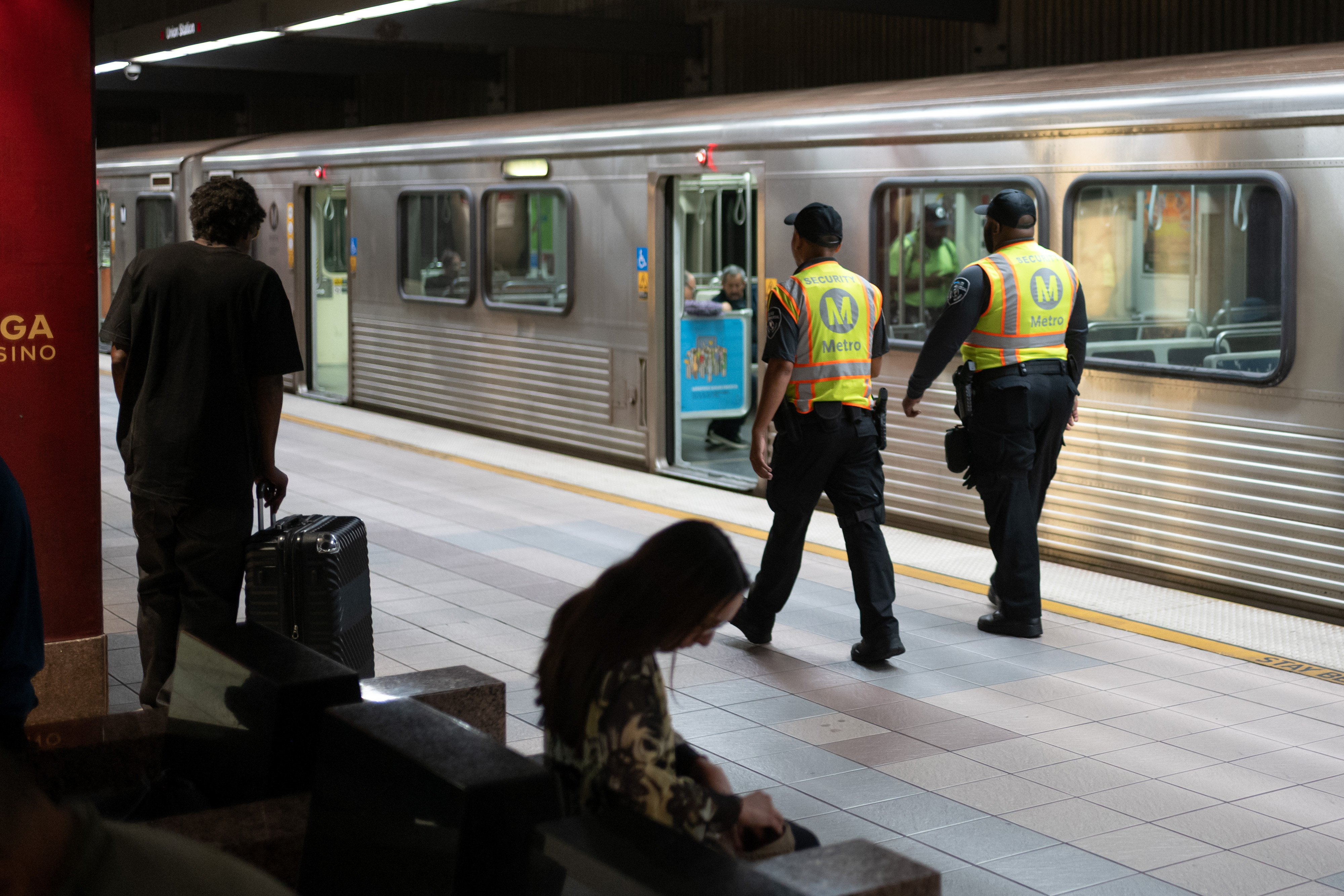Metro security patrols the LA Metro B line subway train...
