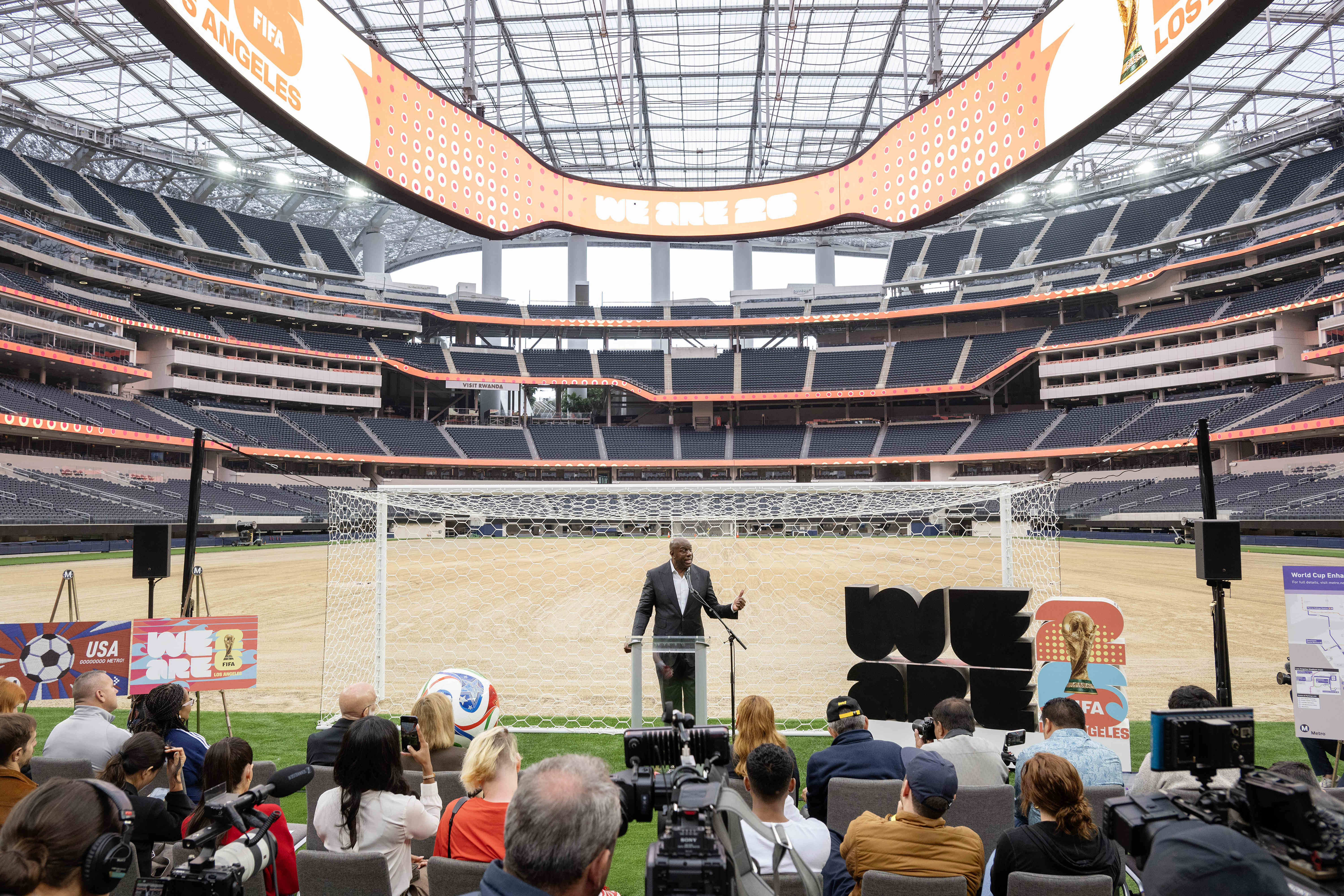 Earvin âMagicâ Johnson speaks during a media event marking 30...