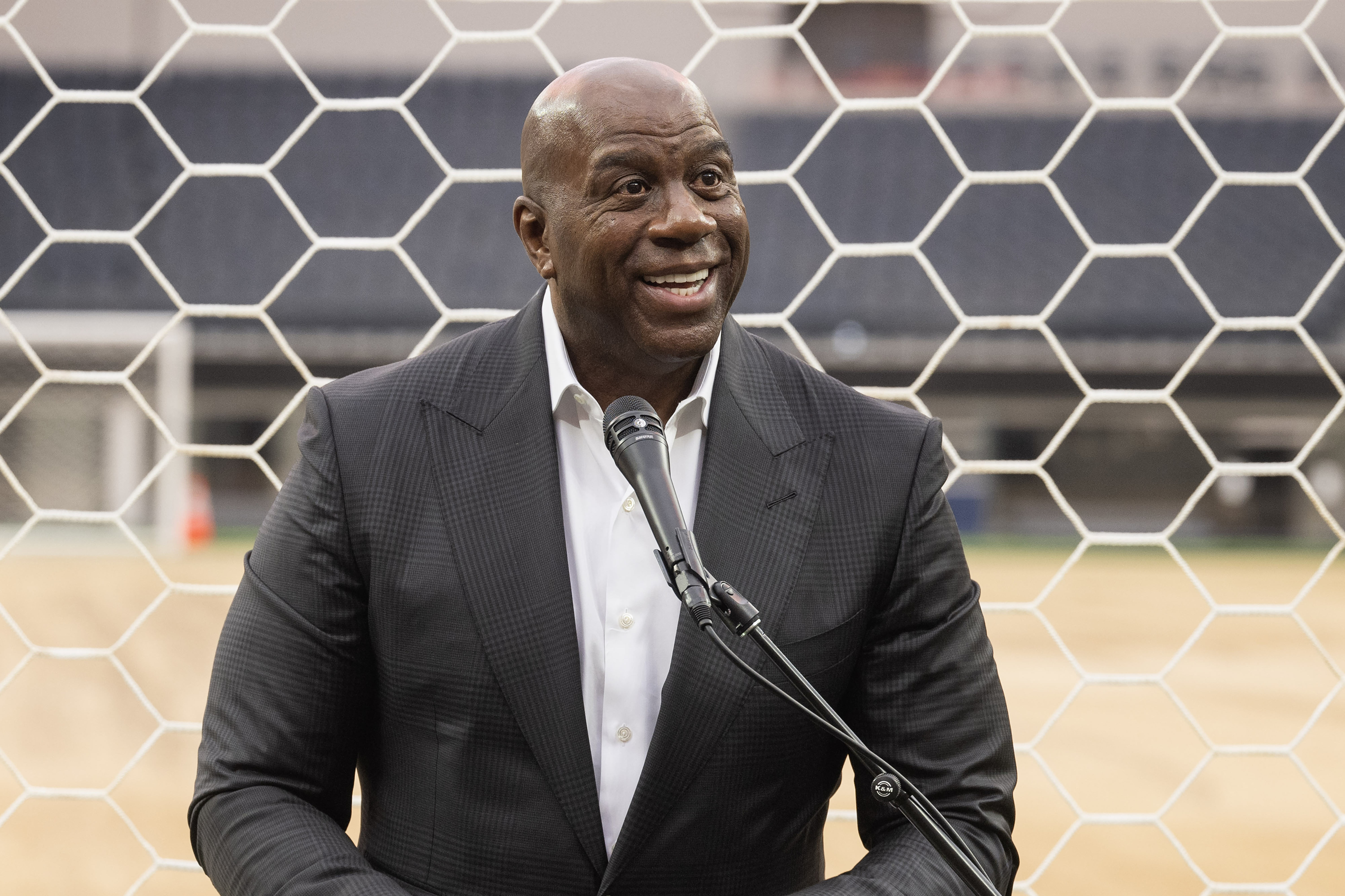 Earvin âMagicâ Johnson speaks during a media event marking 30...