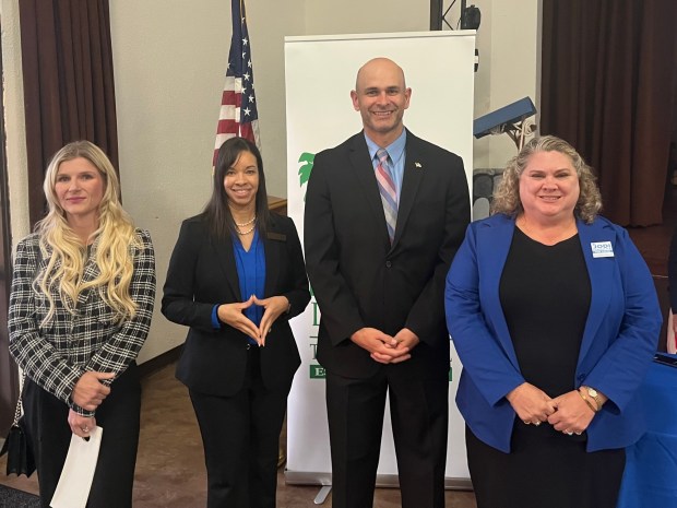 Nicole D'Ambrogi, Tia Ramirez, Adam Noakes and Jodi Cleesattle appear at the May 14 La Jolla Town Council meeting to discuss their candidacy for Superior Court judge seats. (Noah Lyons)