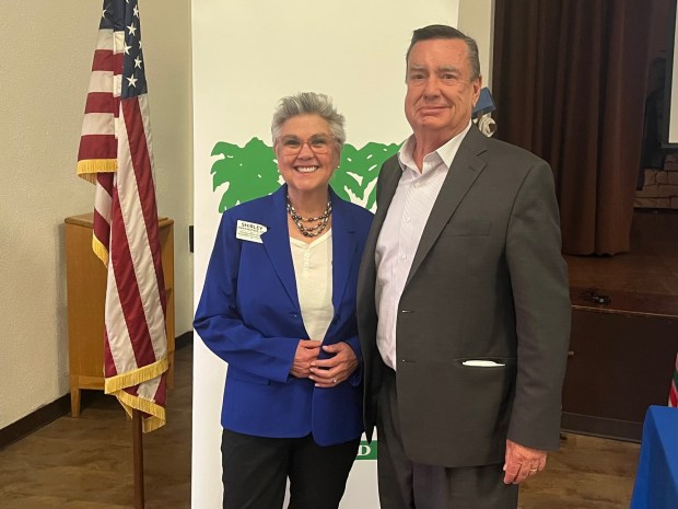 Shirley Nakawatase and Joel Anderson, who are running for San Diego County treasurer-tax collector, spoke at the La Jolla Town Council's May 14 meeting. (Noah Lyons)