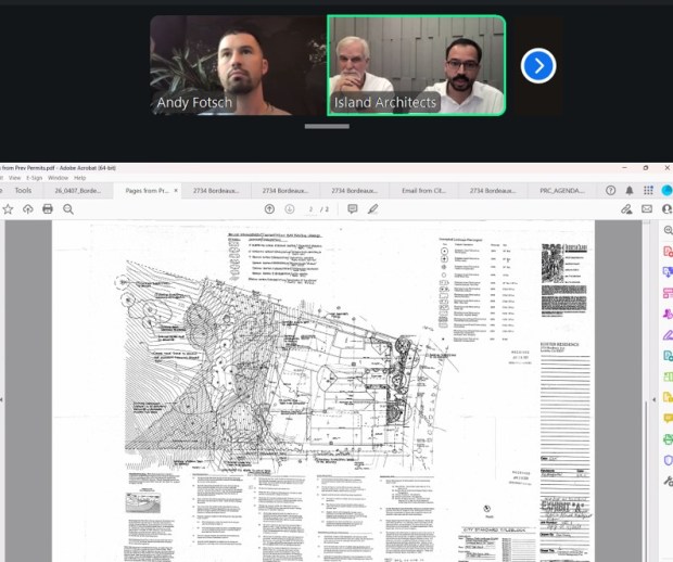 Island Architects representatives Tony Crisafi and Patrick Vercio present their plans for the addition of an accessory dwelling unit at 2734 Bordeaux Ave. to the La Jolla Shores Permit Review Committee on April 16. (Screenshot by Noah Lyons)
