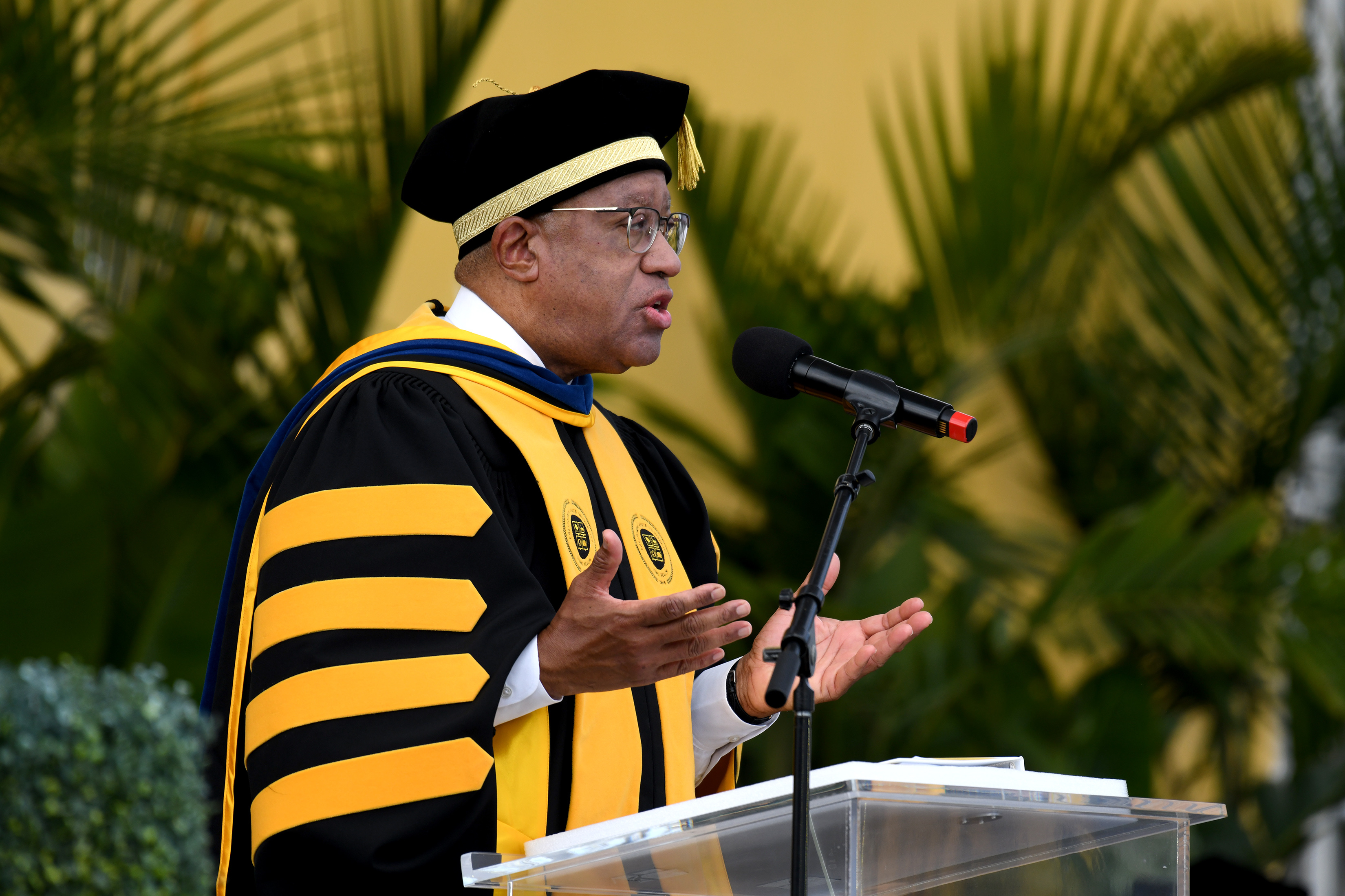 CSULB President Dr. Loren Blanchard speaks during commencement ceremonies for...