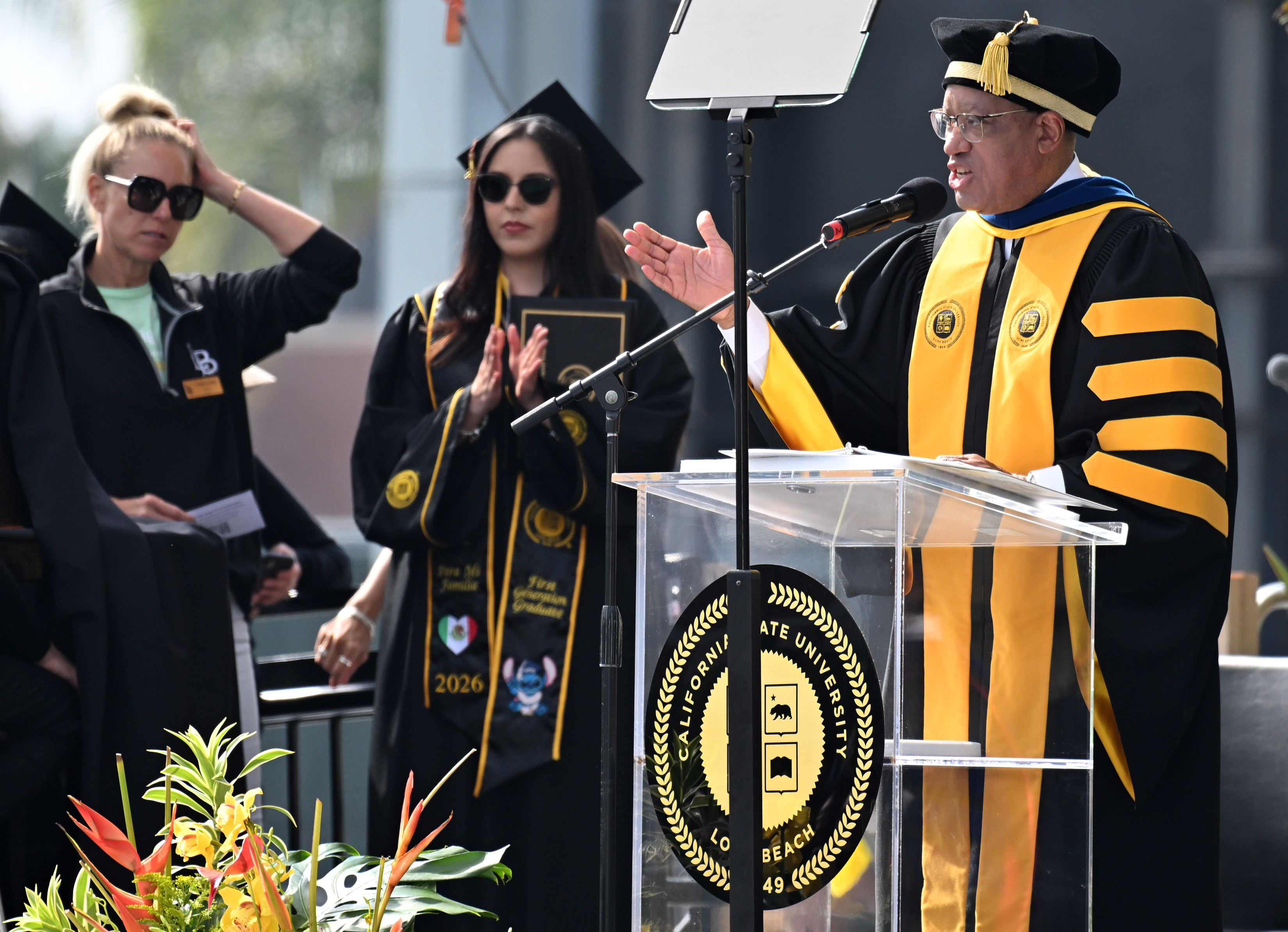 CSULB President Dr. Loren Blanchard speaks during commencement ceremonies for...