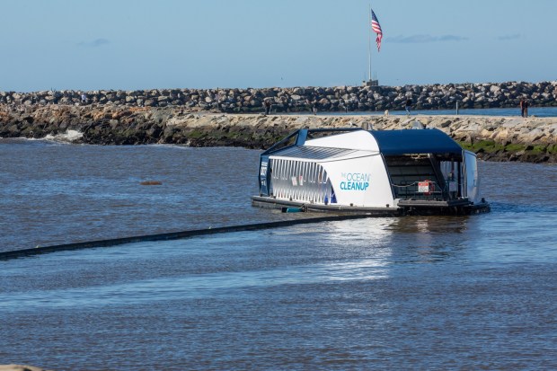 The Balloon Creek trash interceptor 007, created by non-profit The Ocean Cleanup, near Marina del Rey has collected 206 tons of trash since it launched in late 2022. (Photo by contributing photographer Chuck Bennett)