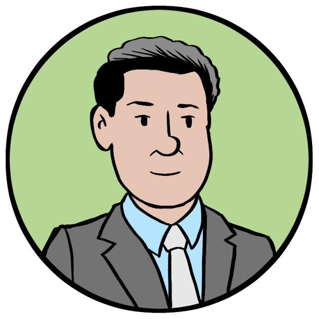 Cartoon illustration of a man with dark hair in a suit, tie, and blue shirt, shown inside a green circular background.