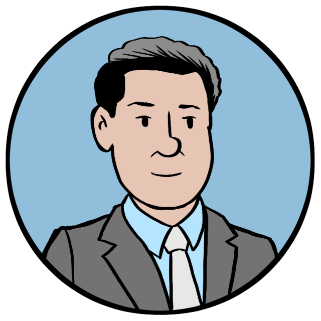 Cartoon illustration of a man with short dark hair wearing a gray suit, white shirt, and tie, set against a blue circular background.