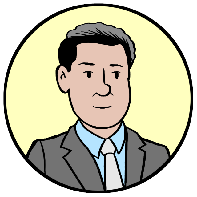 Cartoon illustration of a man with short dark hair wearing a gray suit, blue shirt, and white tie, shown in a circular frame with a light yellow background.