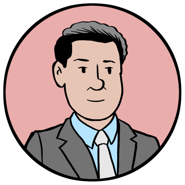 Cartoon illustration of a man in a suit and tie with dark hair, shown from the shoulders up, inside a pink circular frame.