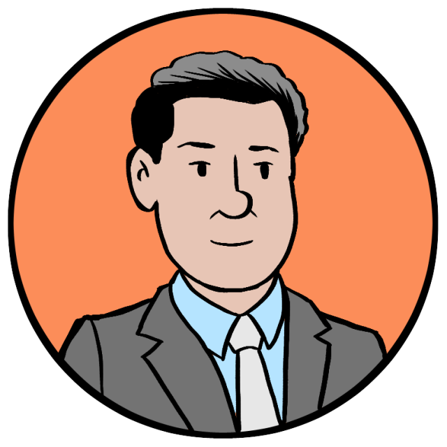 Illustration of a man with short dark hair, wearing a gray suit, light blue shirt, and white tie, set against an orange circular background.