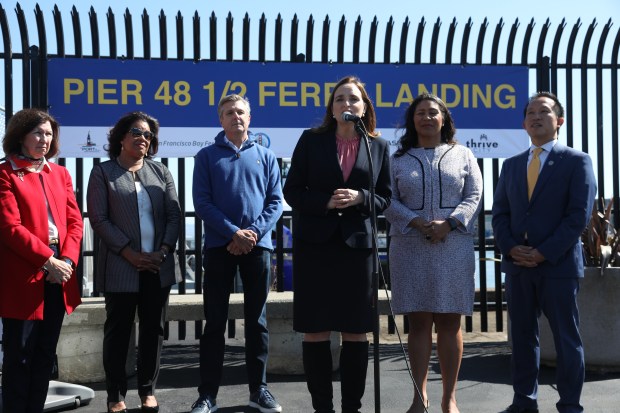 Elaine Forbes, executive director of the Port of San Francisco, speaks at an event introducing a new ferry service from the East Bay and Marin to Chase Center in San Francisco in 2019. Forbes is flanked by Rick Welts, the Golden State Warriors president, and San Francisco Mayor London Breed. (Karl Mondon/Bay Area News Group)