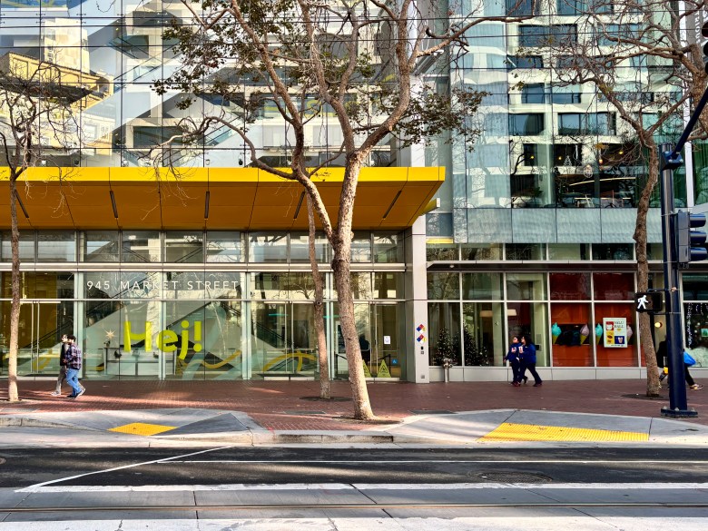 Street view of Market Street with a few pedestrians