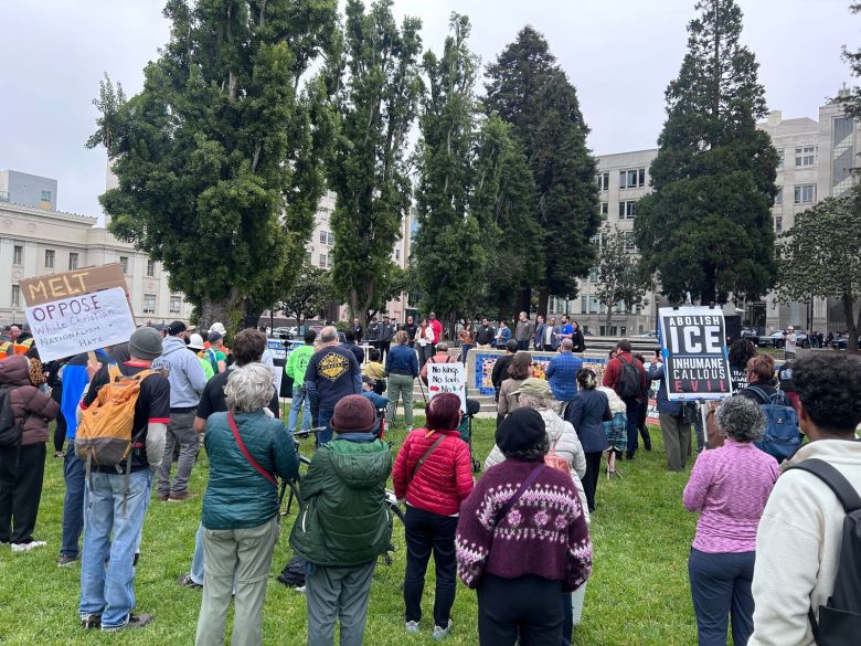A group of people listen to a speaker during a demonstration in a park