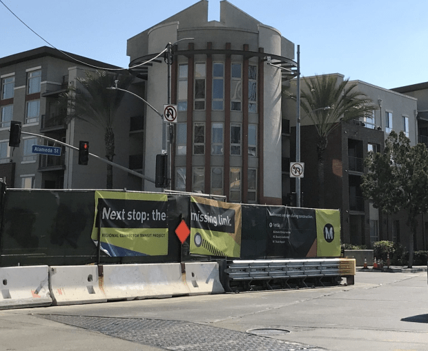 This Metro banner hung on Alameda Street during the construction of the Regional Connector line in 2020. (photo courtesy of LA Metro).