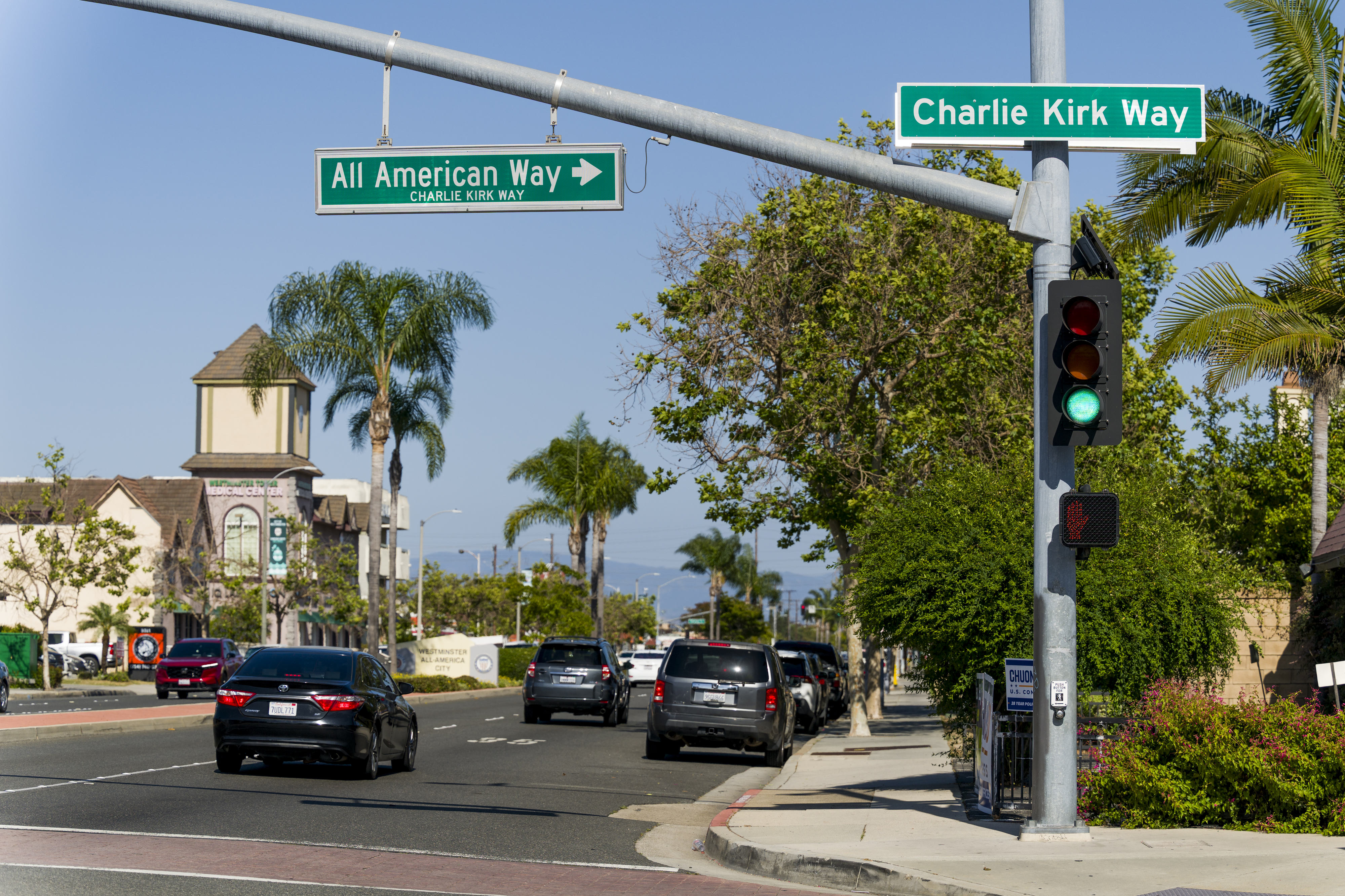 The “Charlie Kirk Way” street signs at Westminster Boulevard and...